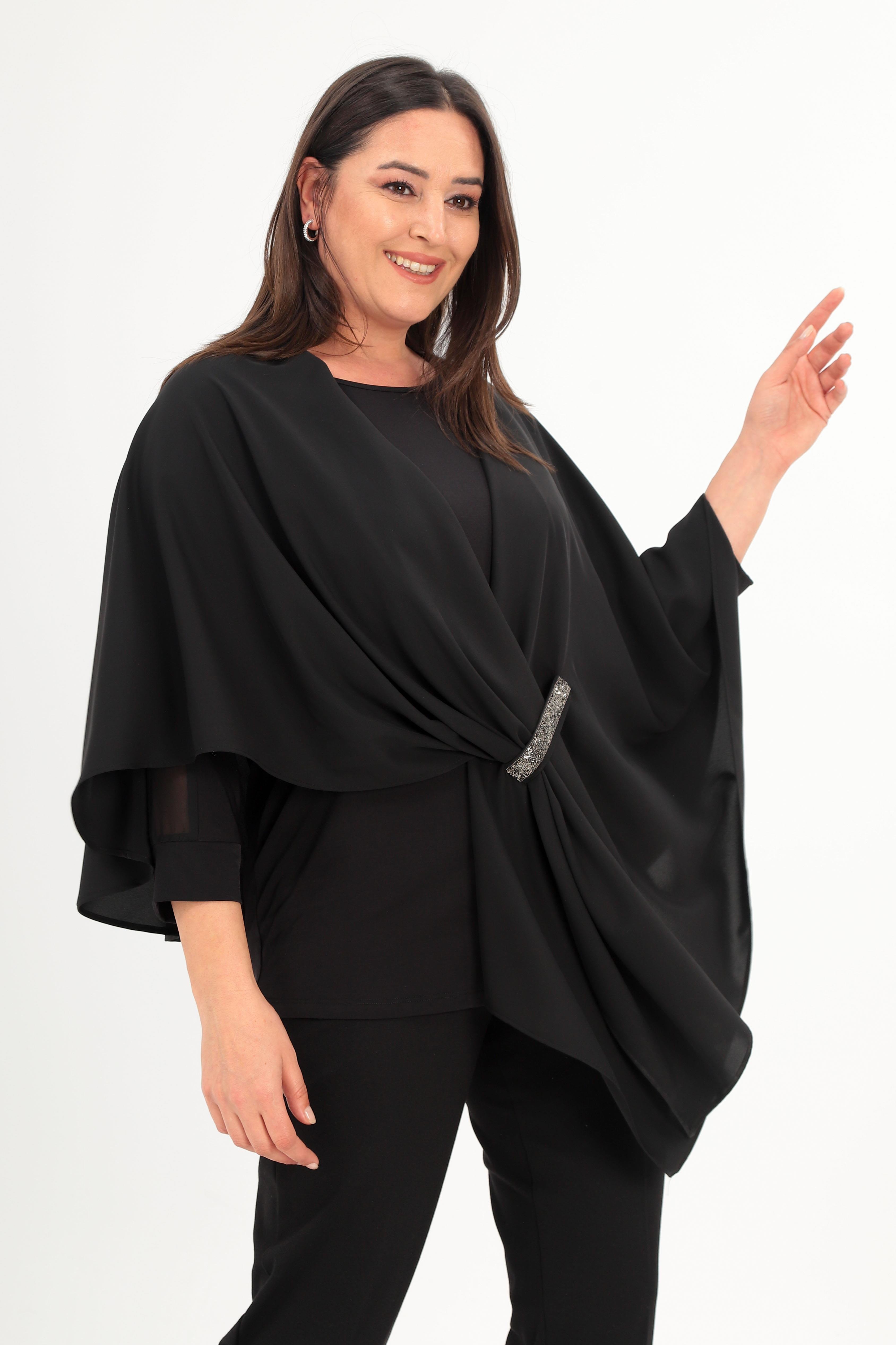 Trend42plus Taş Baskılı Dokuma Siyah Şal Panço