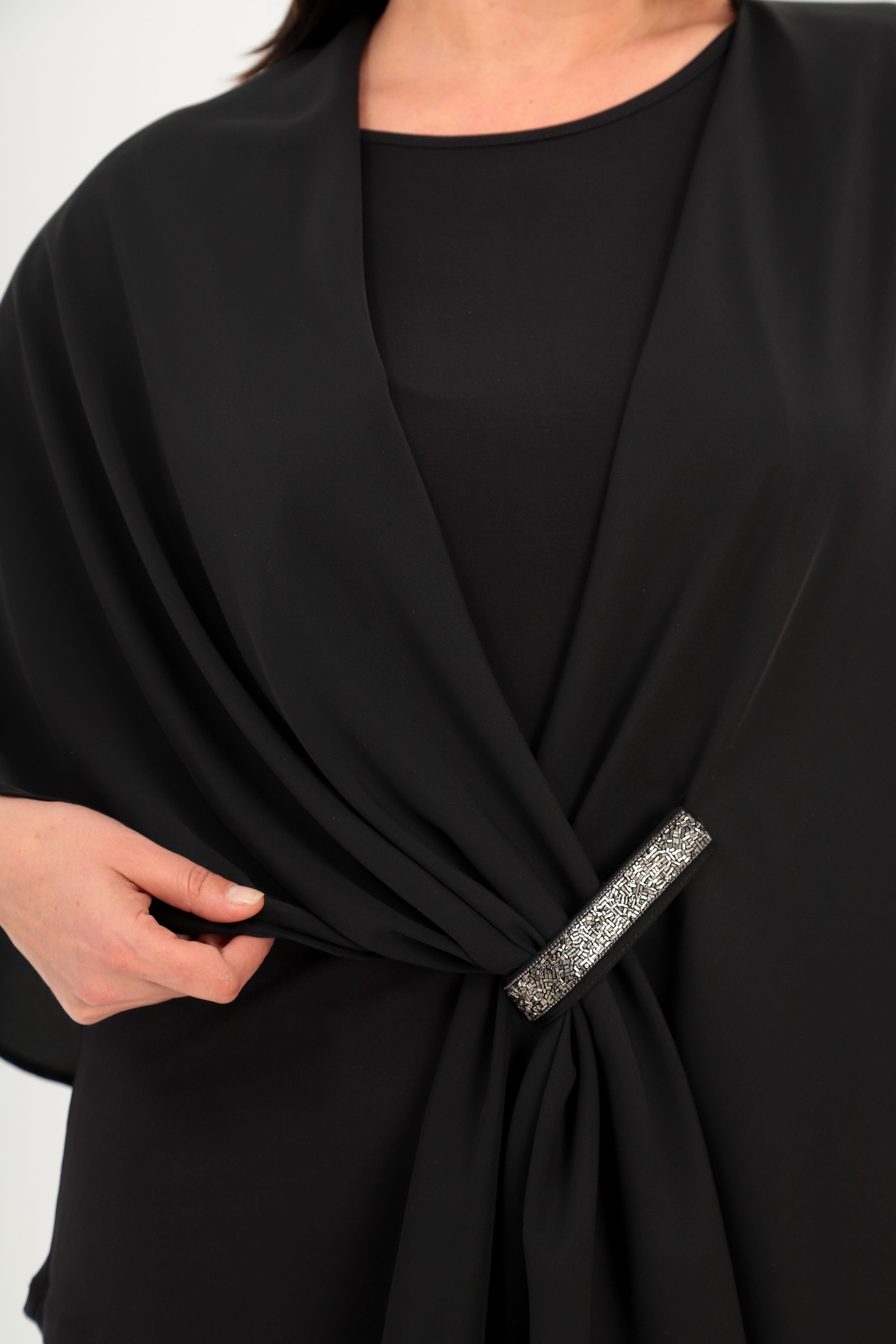 Trend42plus Taş Baskılı Dokuma Siyah Şal Panço