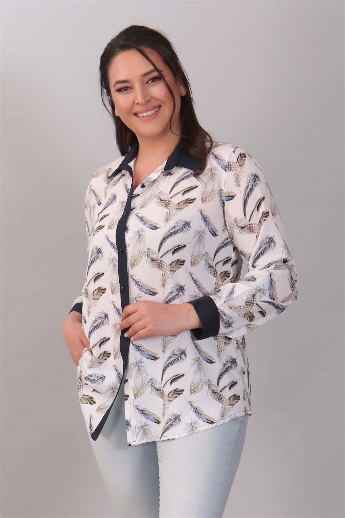 Tüy Baskılı Krep Haki Gömlek