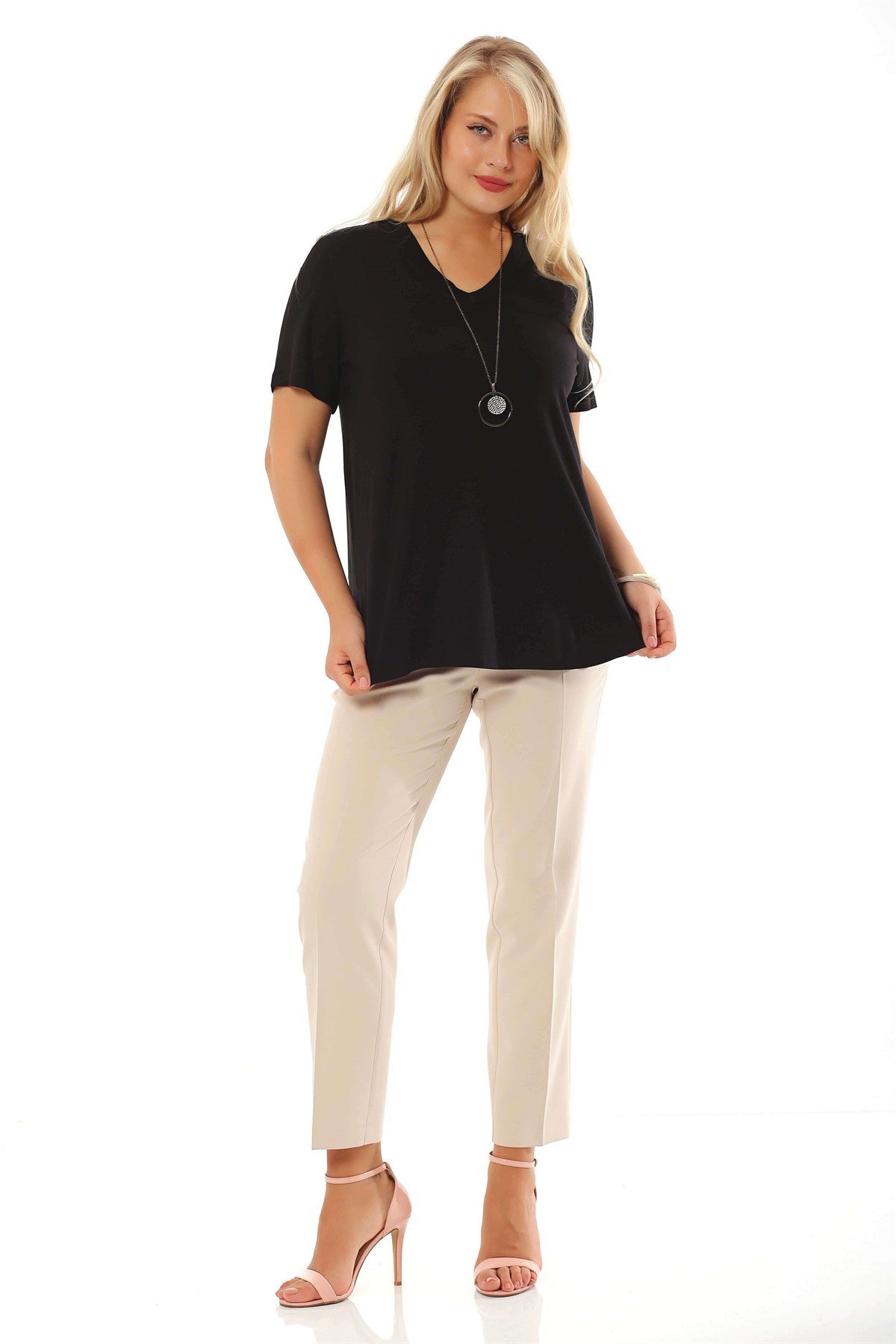 'V' Yaka Bantlı Basic Siyah Bluz