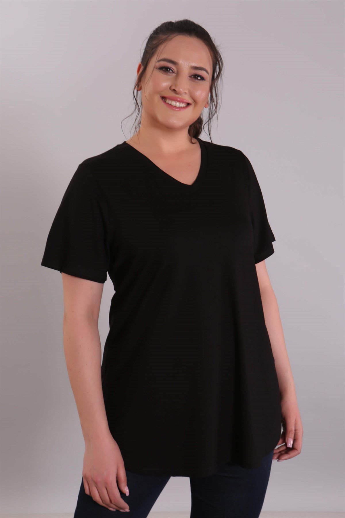 'V' Yaka Bantlı Basic Siyah Bluz