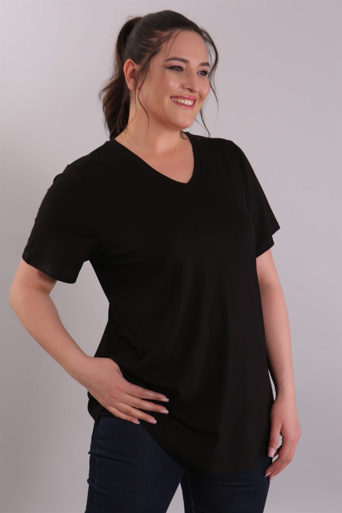 'V' Yaka Bantlı Basic Siyah Bluz