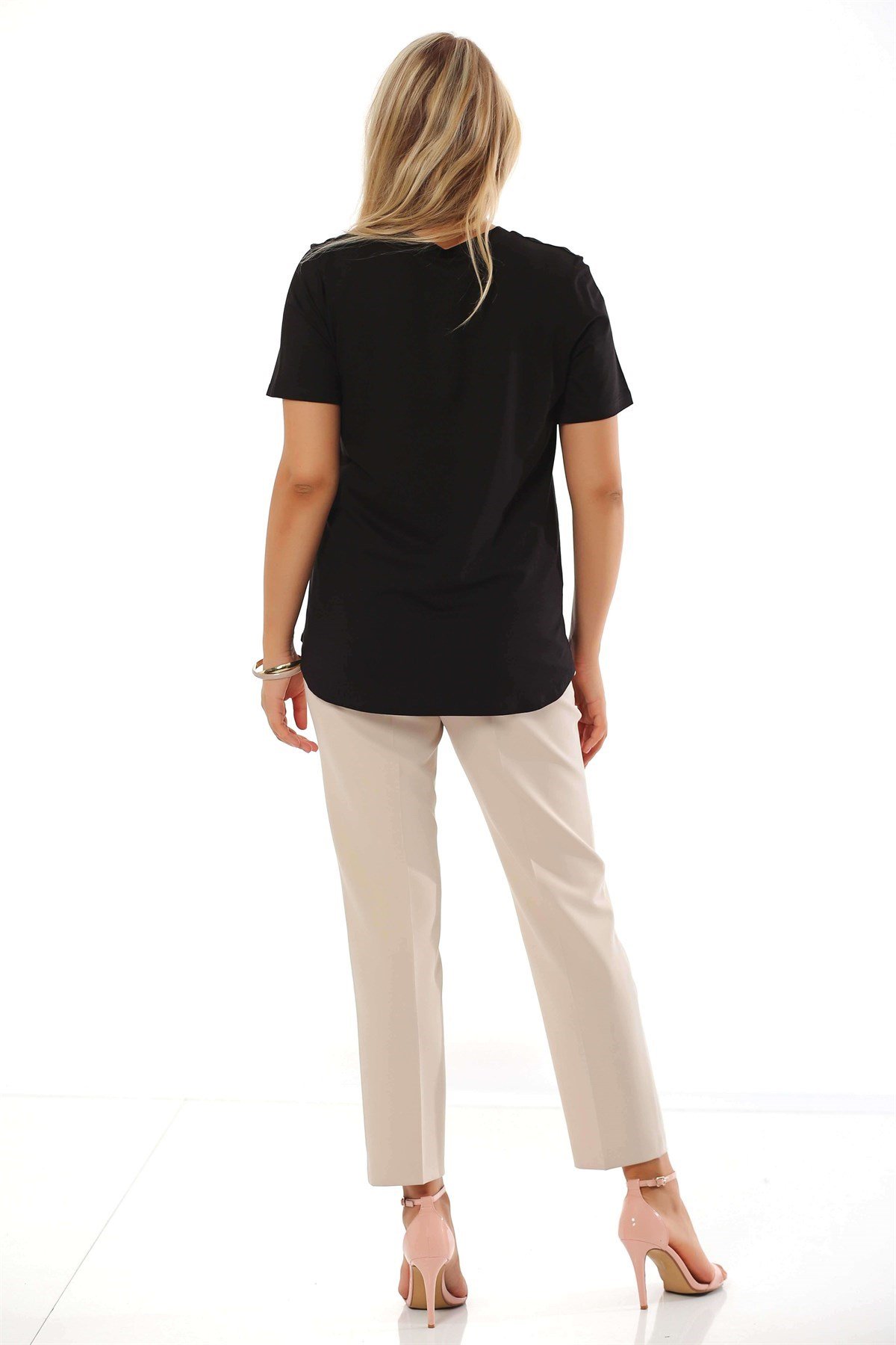 'V' Yaka Bantlı Basic Siyah Bluz