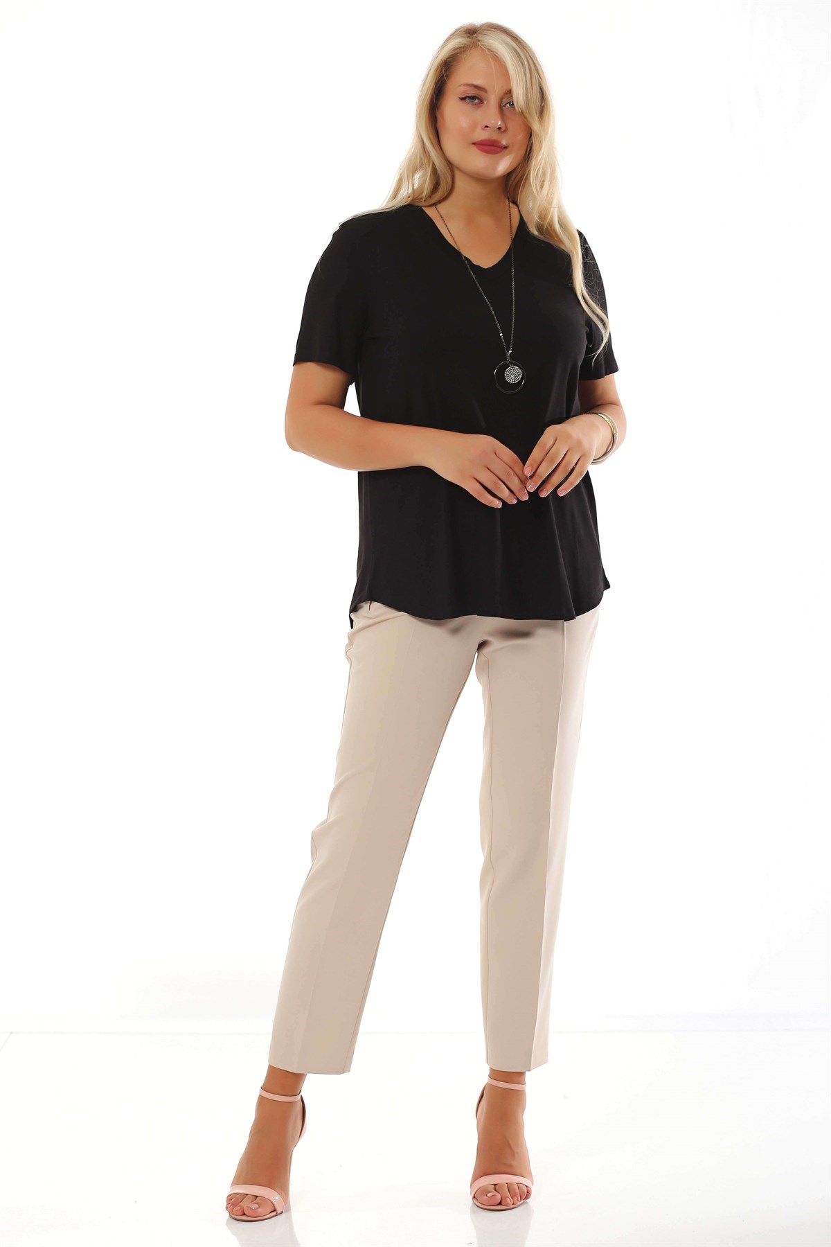 'V' Yaka Bantlı Basic Siyah Bluz