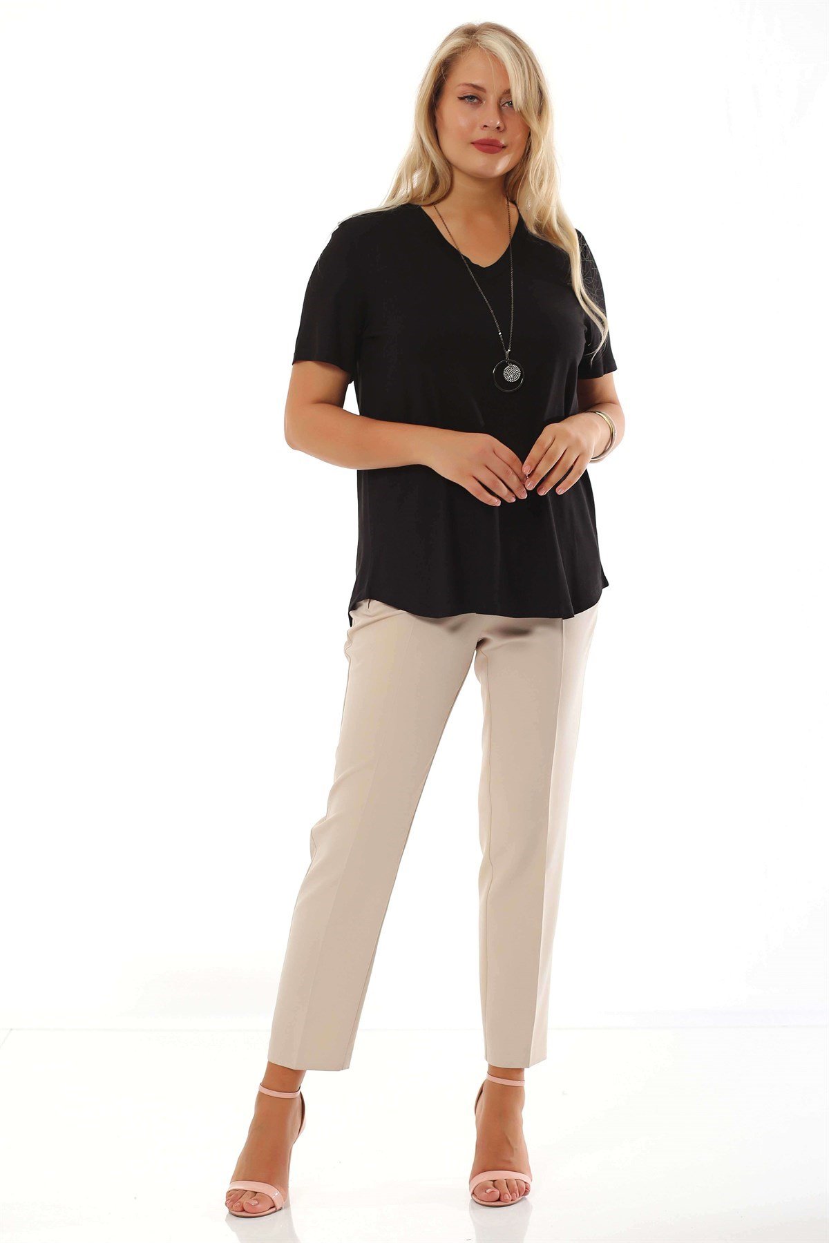 'V' Yaka Bantlı Basic Siyah Bluz