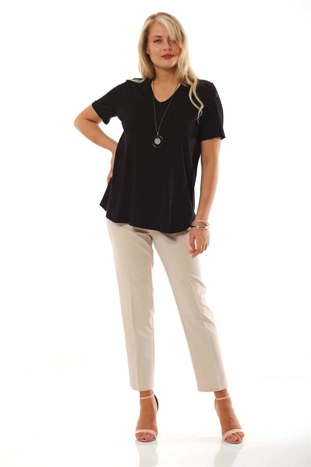 'V' Yaka Bantlı Basic Siyah Bluz