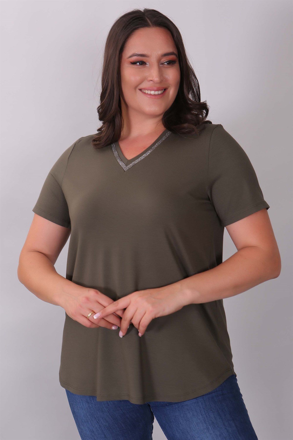 'V' Yaka Taş Şeritli Haki Bluz