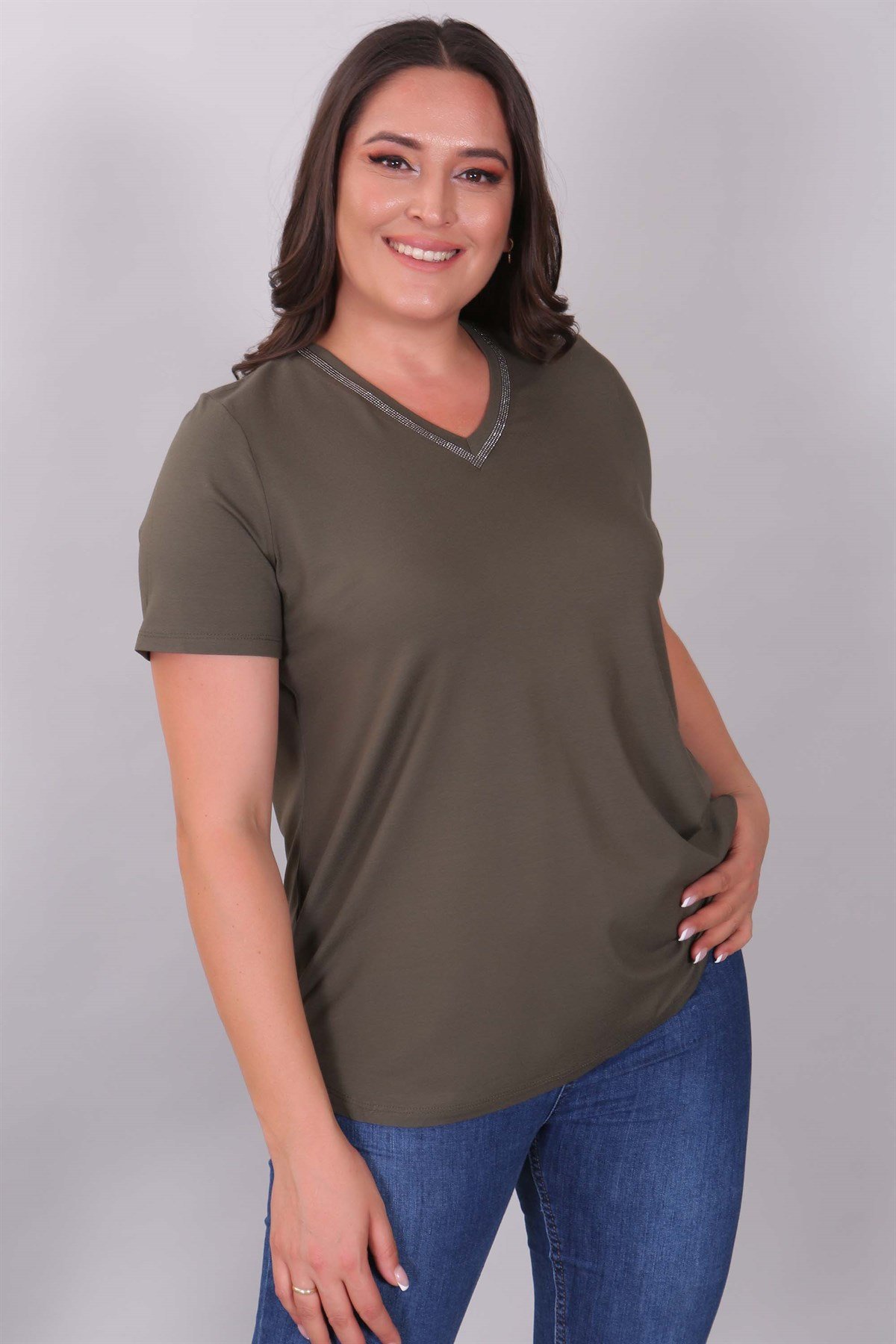 'V' Yaka Taş Şeritli Haki Bluz