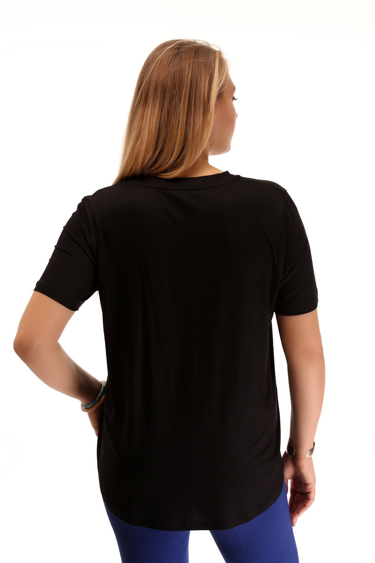 'V' Yaka Taş Şeritli Siyah Bluz