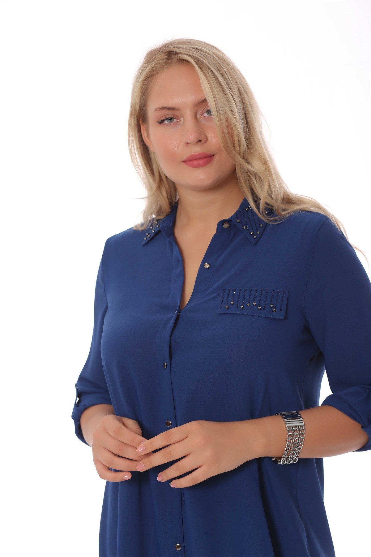 Yaka Ve Cep Taş Detaylı İndigo Tunik