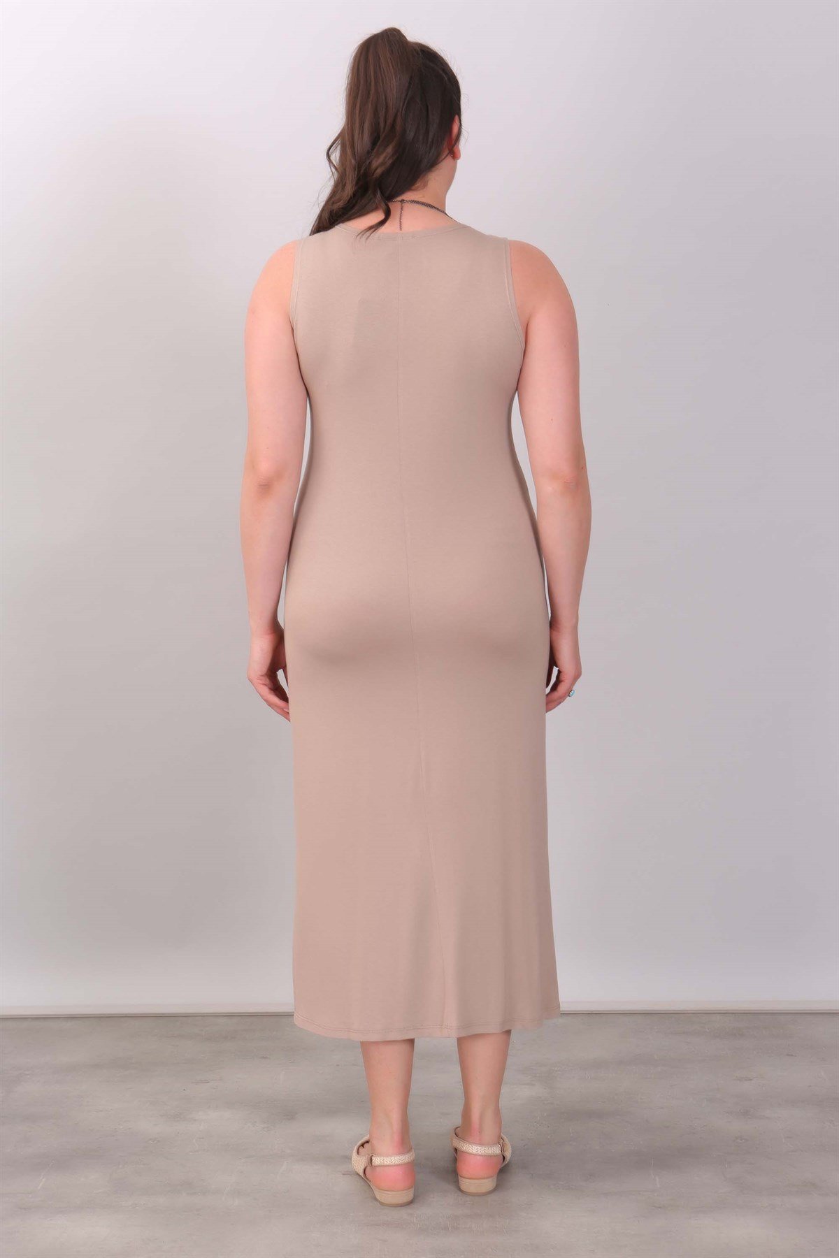 Yan Yırtmaçlı Örme Vizon Elbise