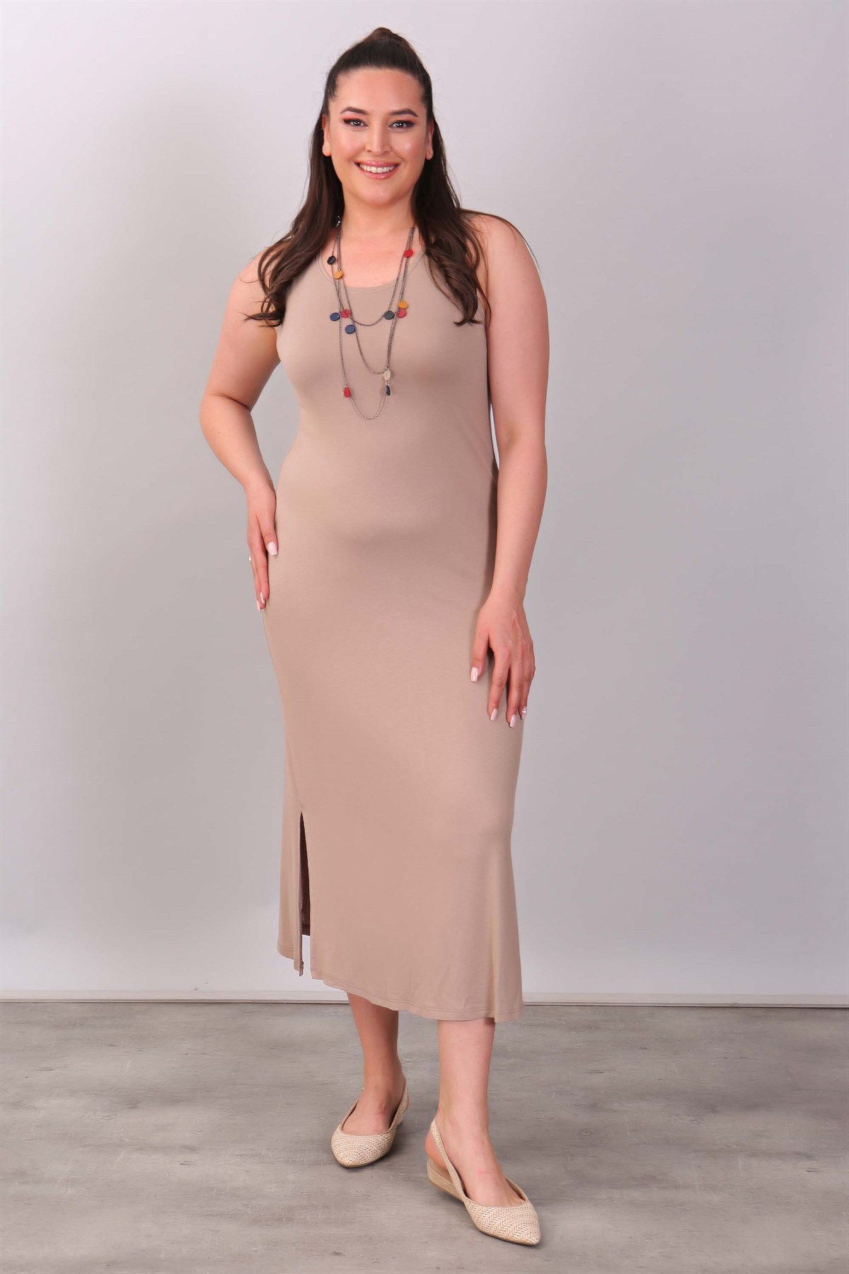 Yan Yırtmaçlı Örme Vizon Elbise