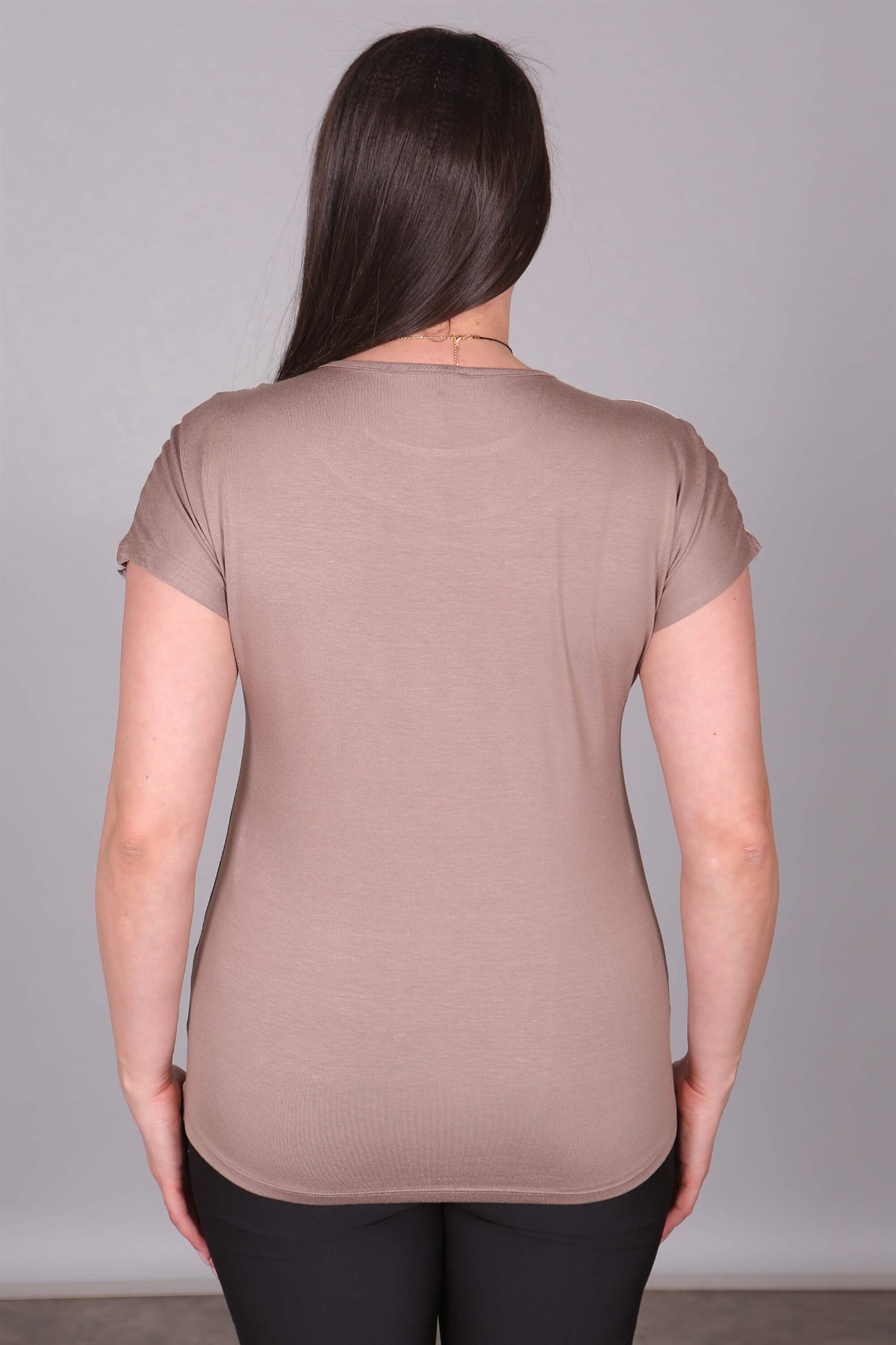 Yaprak Desenli Düşük Kol Vizon Bluz