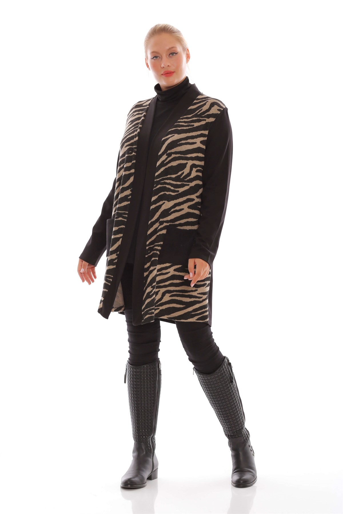 Zebra Desenli Deri Cepli Bej Hırka
