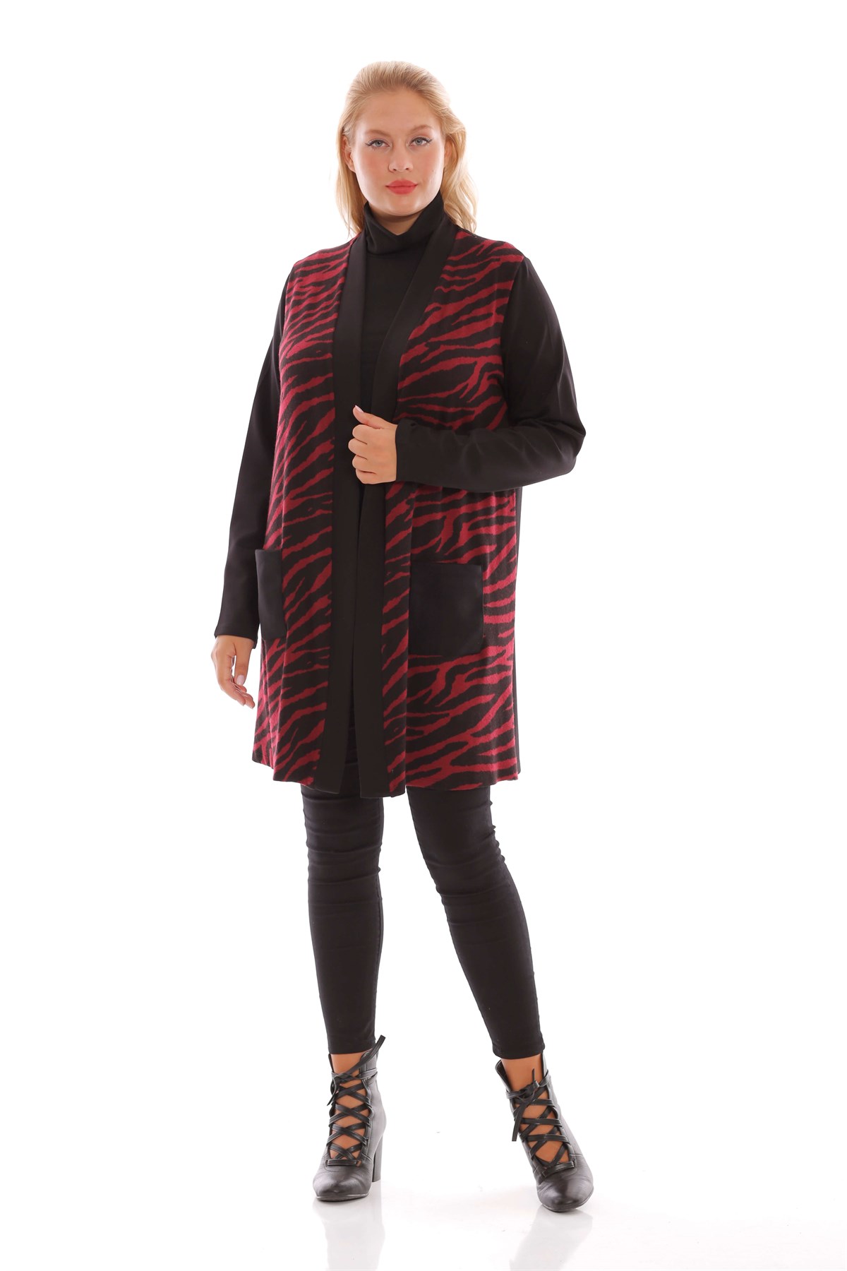 Zebra Desenli Deri Cepli Bordo Hırka