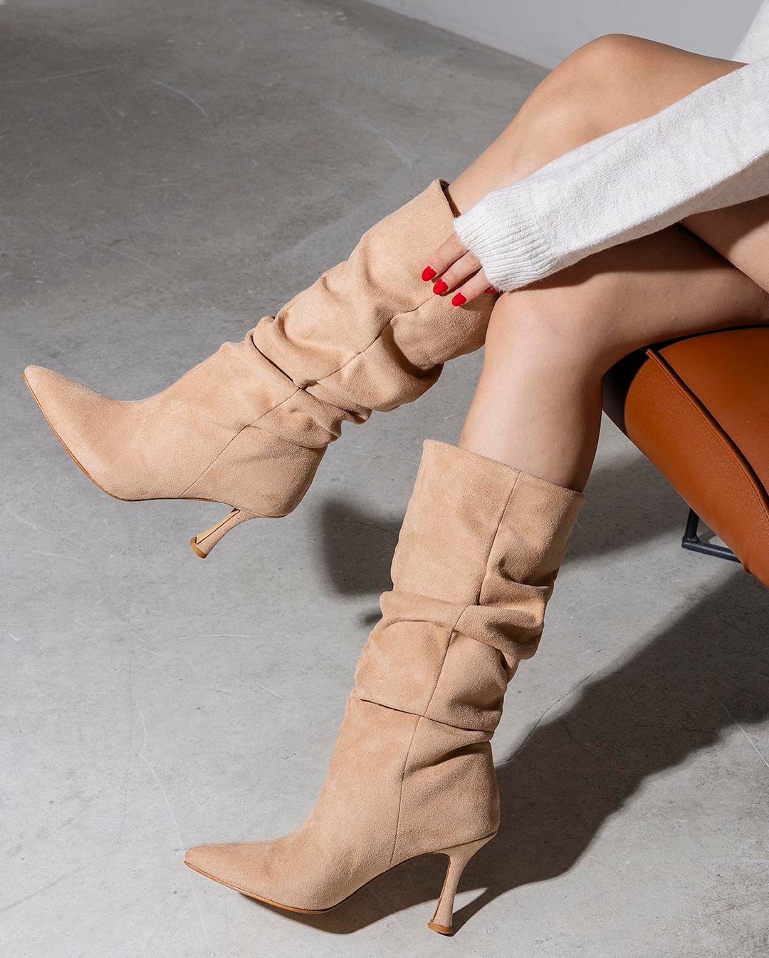 Camel Süet 9 Cm Kadın Topuklu Çizme Diana
