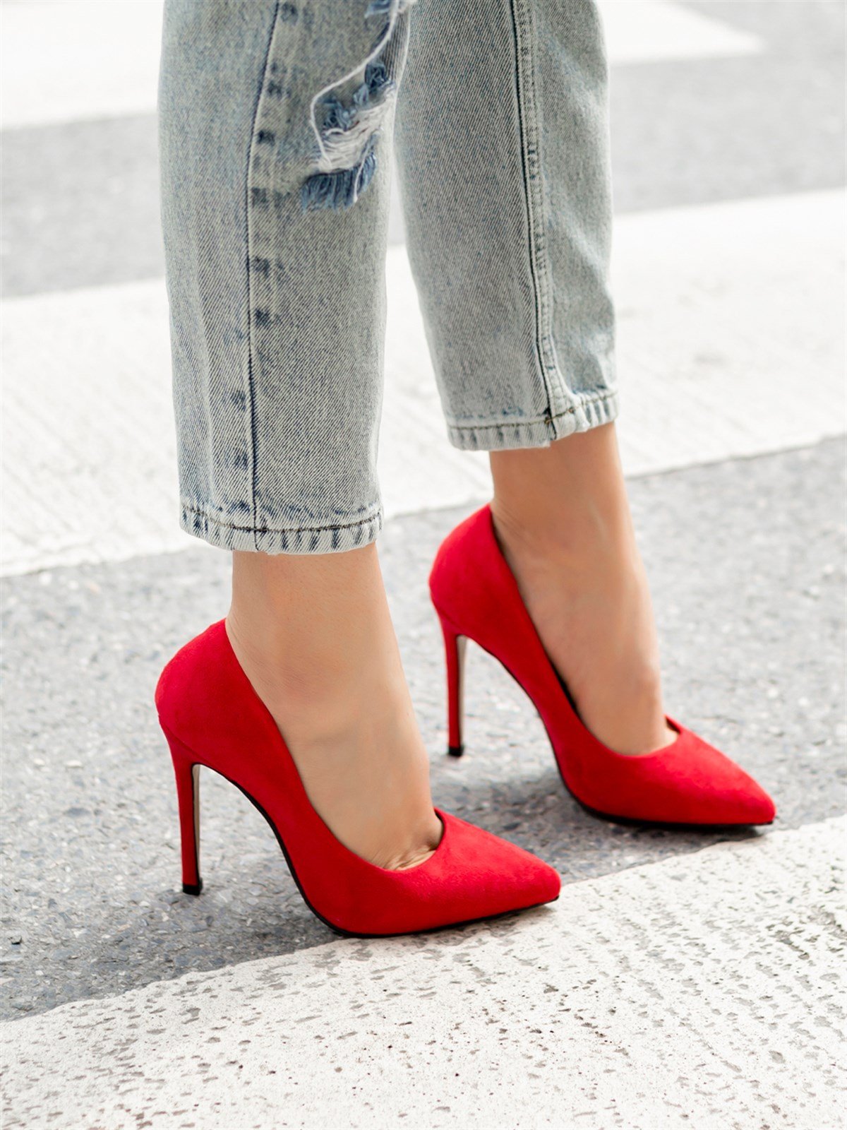 Kırmızı Süet Topuklu Kadın Stiletto Ego