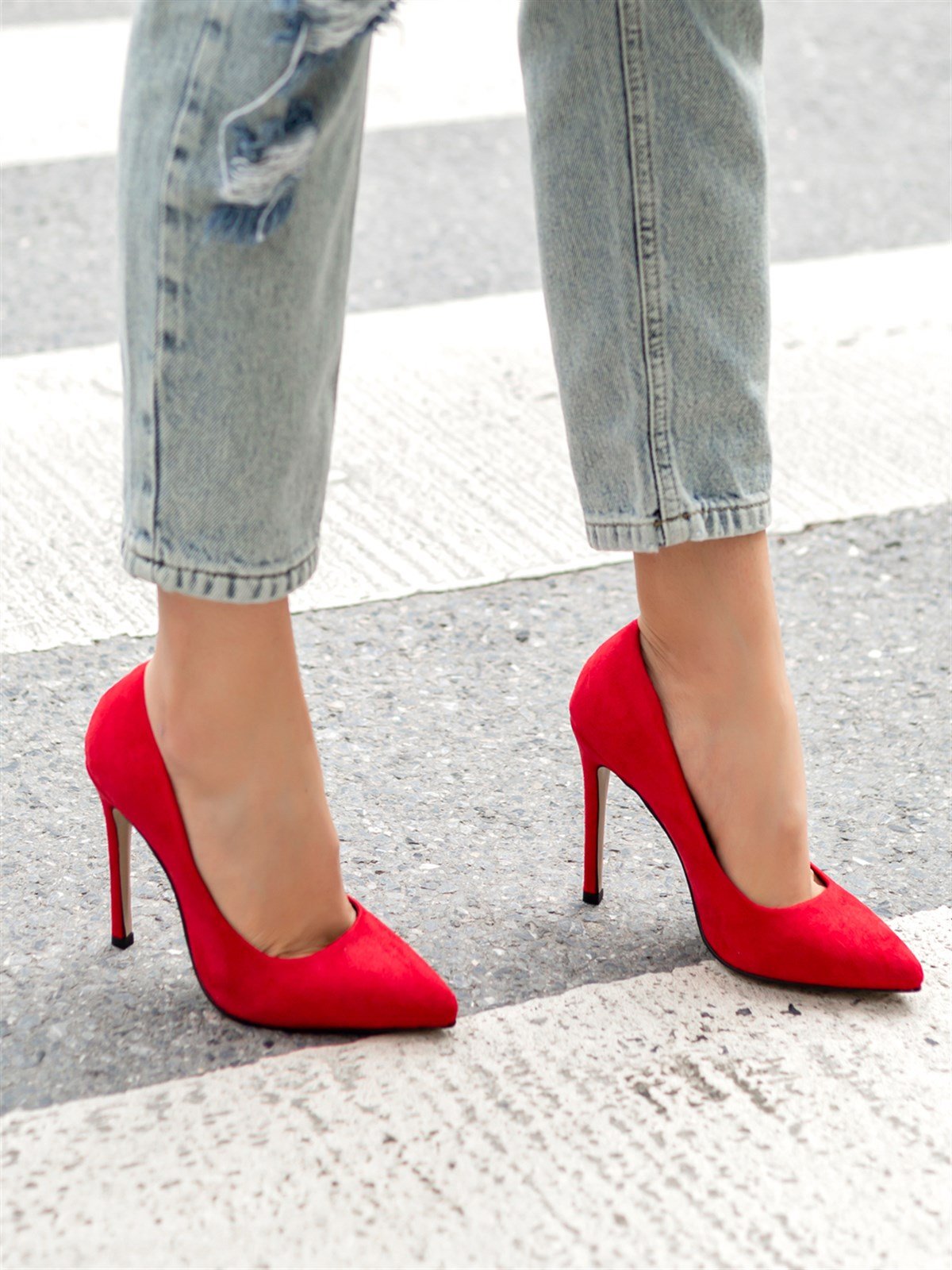 Kırmızı Süet Topuklu Kadın Stiletto Ego