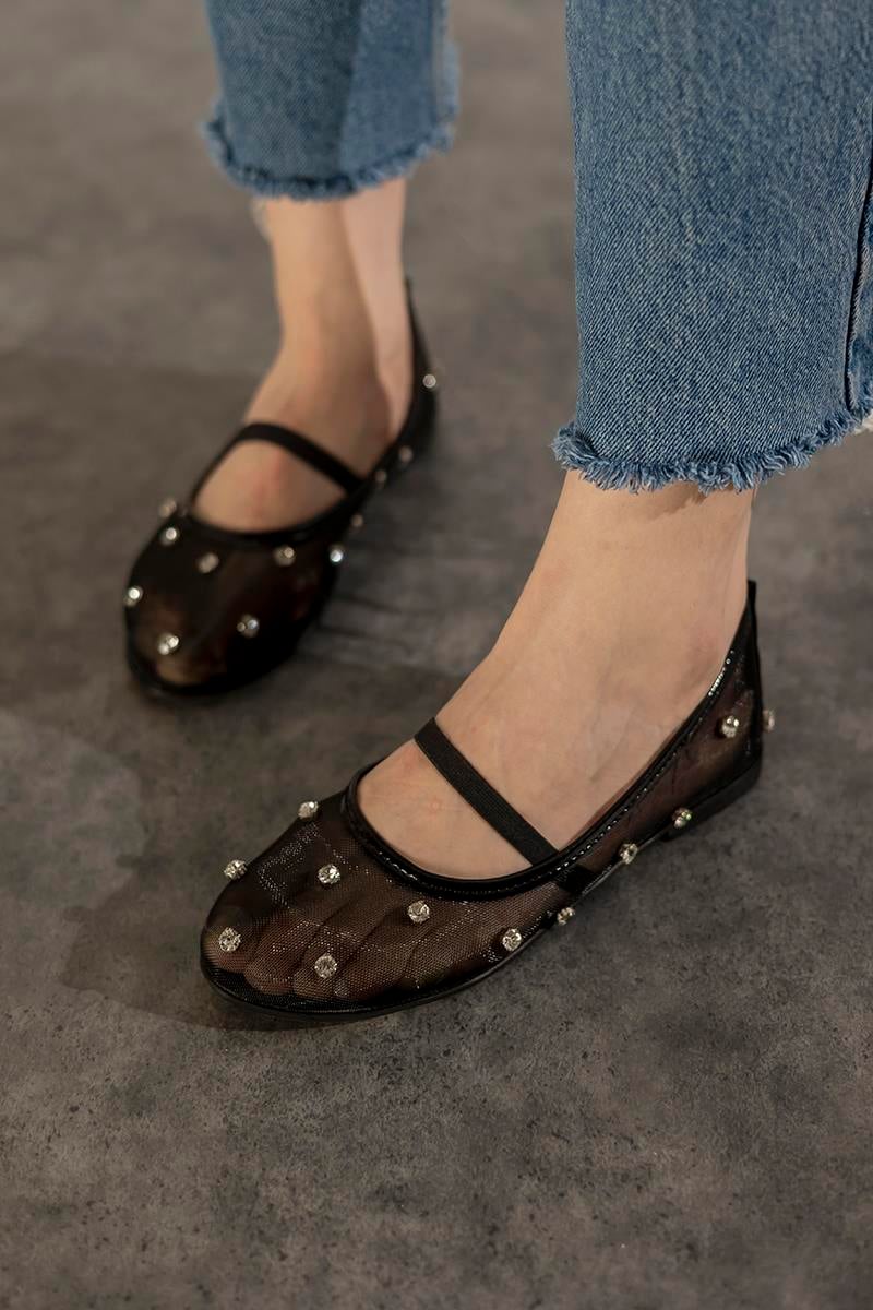 Siyah 1 cm Topuk Kadın Babet Novi