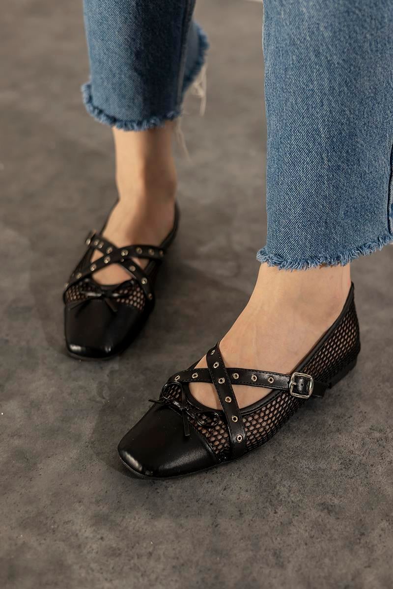 Siyah 1 cm Topuk Kadın Babet Novi