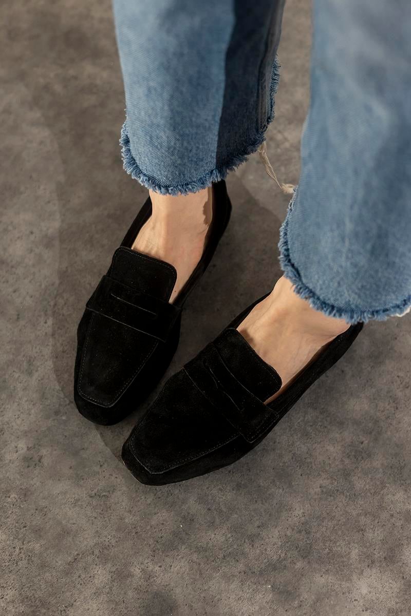 Siyah Hakiki Süet Loafer Violin