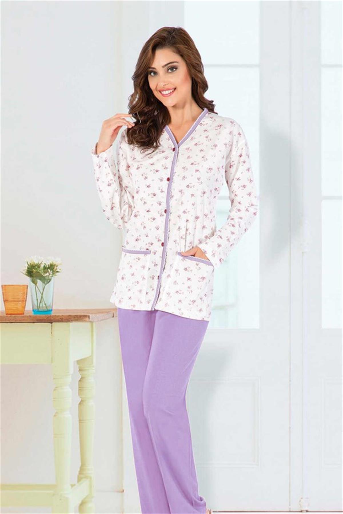PijamaAydoğan Çiçek Desenli Önden Düğmeli Anne Pijama Takımı