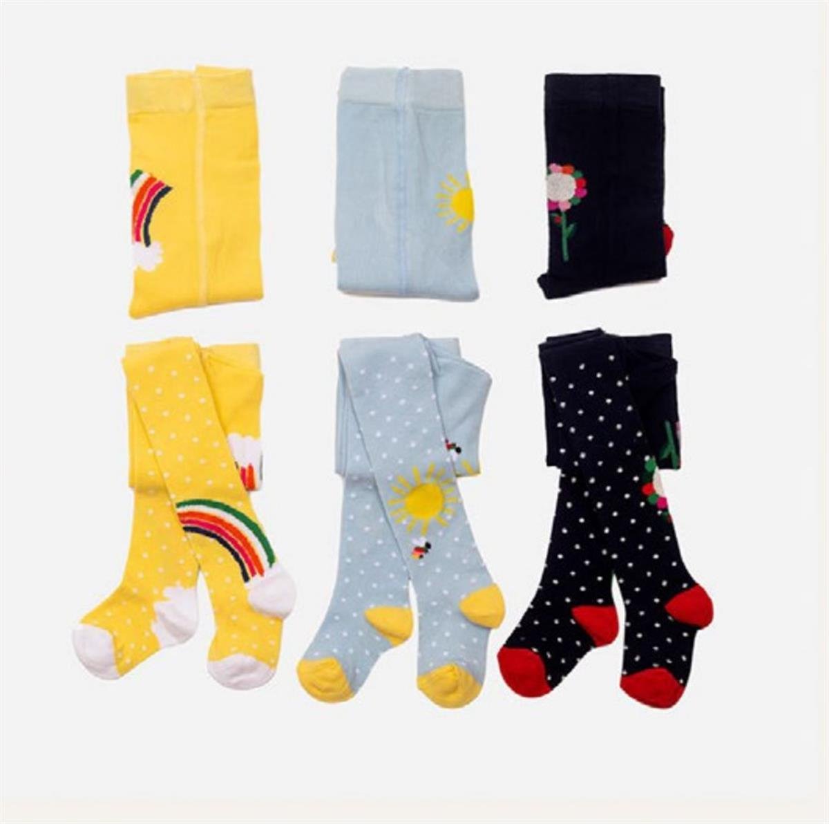 Çorap6'lı Paket Gökkuşağı, Papatya, Güneş Desenli Kız Bebek Külotlu Çorap