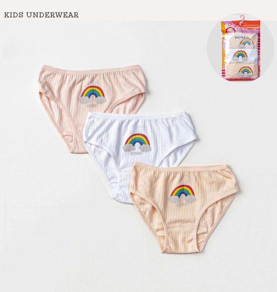 İç GiyimGökkuşağı Desenli Likralı Penye 3'lü Kız Çocuk Çizgili Slip Set