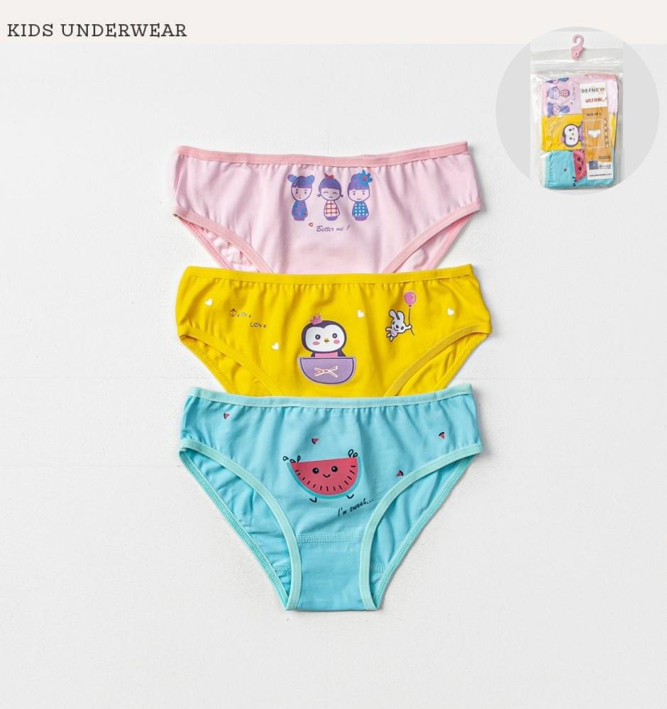 İç GiyimKarışık Renkli Desenli Likralı Penye 3'lü Kız Çocuk Slip Set