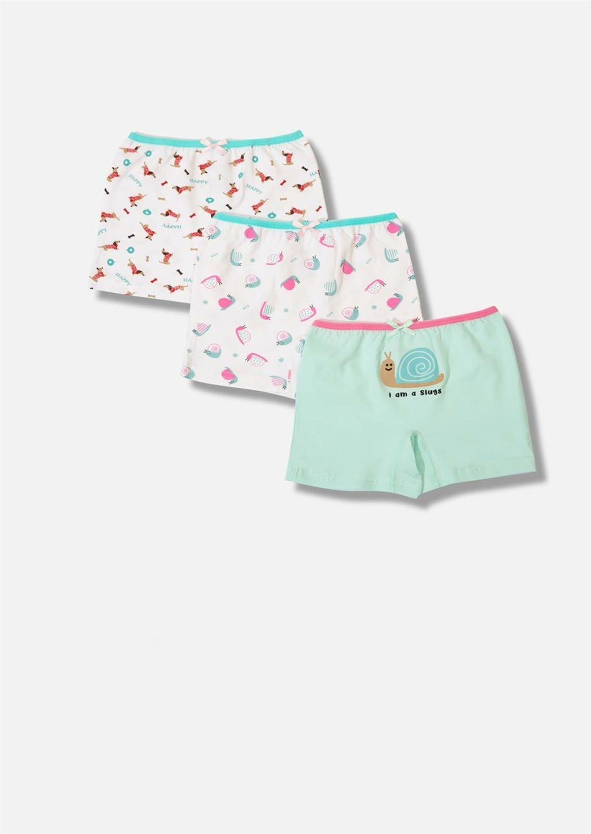 İç GiyimSalyangoz Desen Baskılı Likralı Penye Kız Çocuk 3'lü Boxer Set