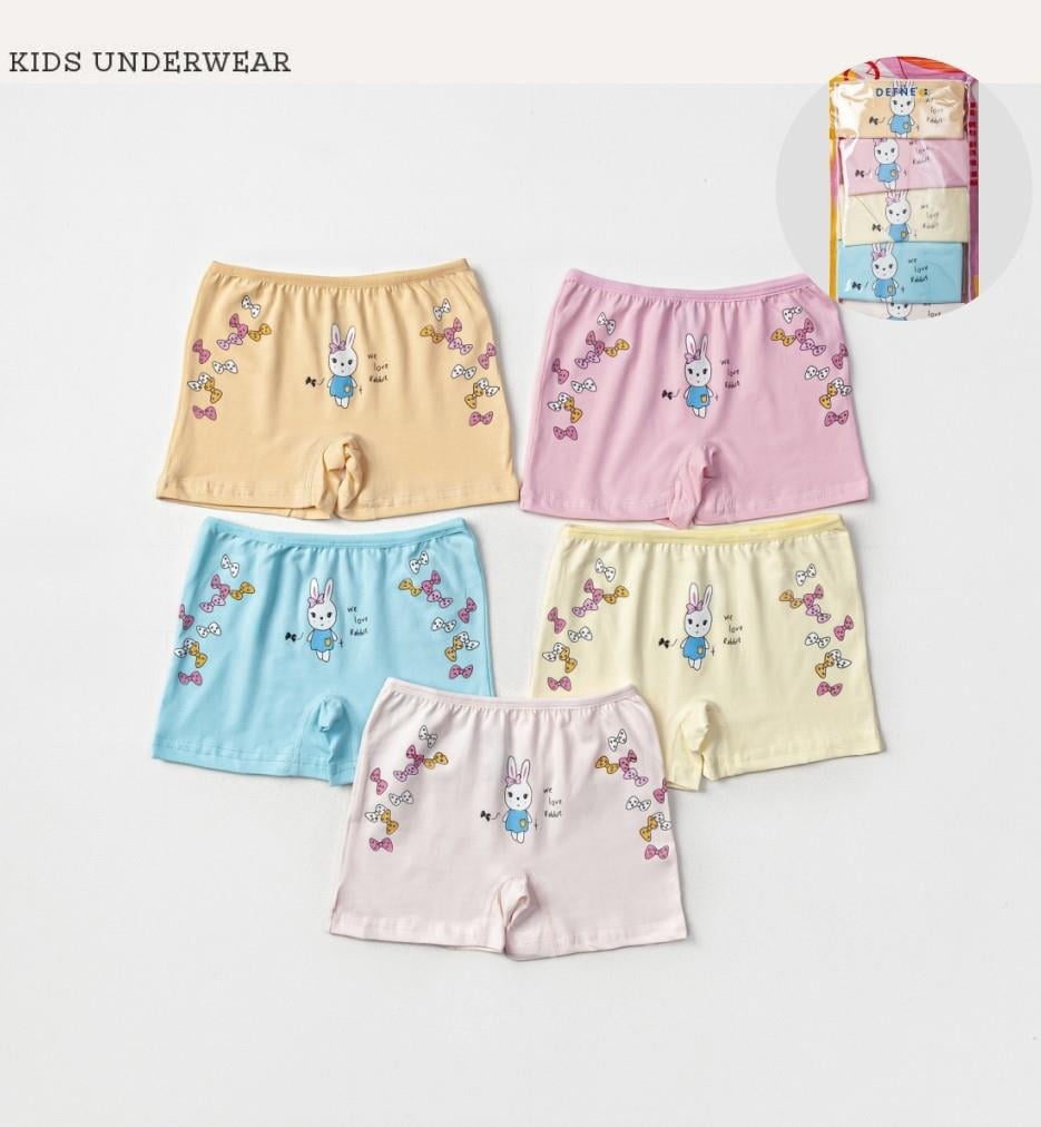 İç GiyimTavşan Desenli Likralı Penye Karışık Renkli 5'li Kız Çocuk Boxer Set