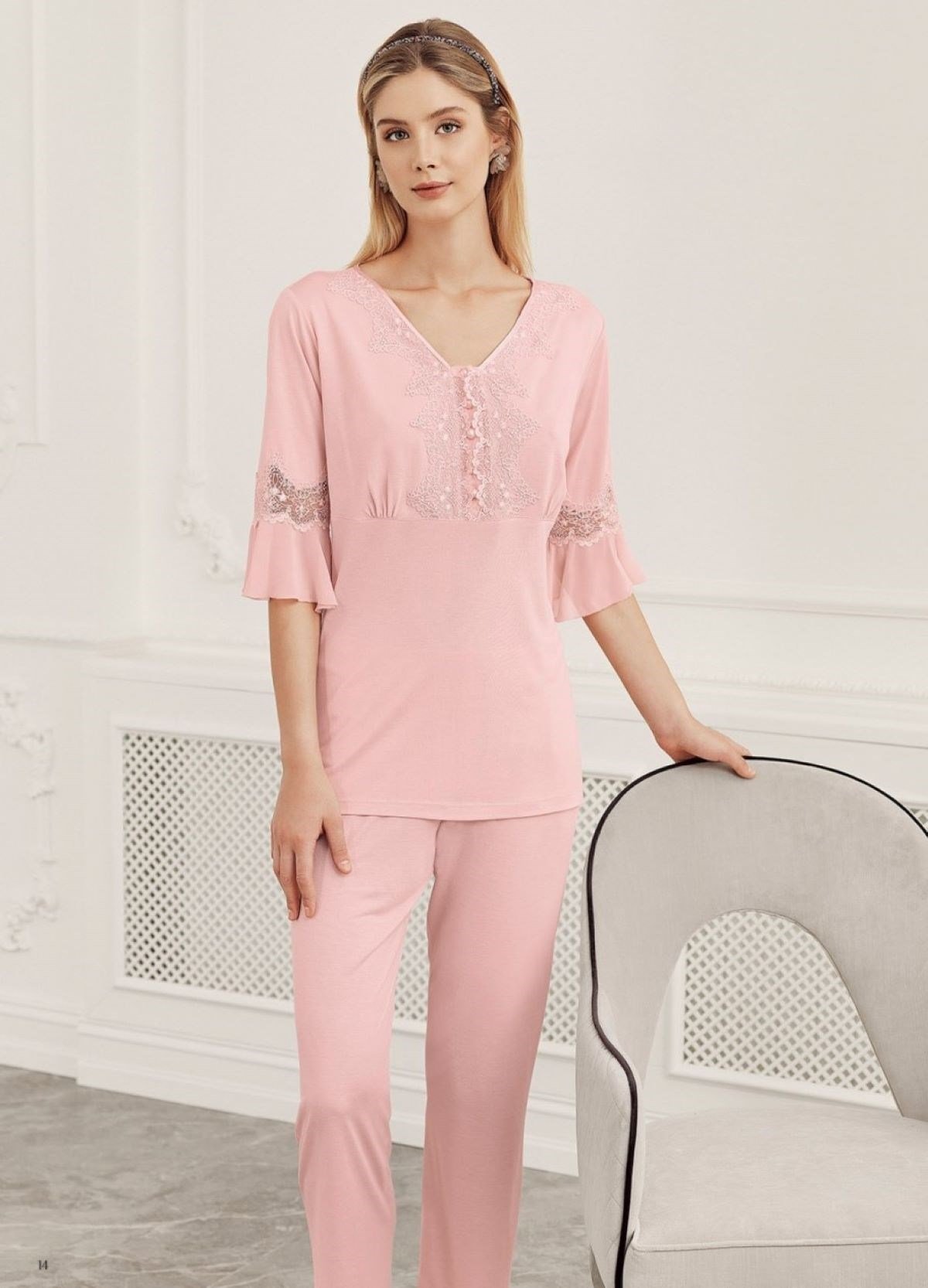 Pijama & GecelikPerin 316 Penye Sabahlıklı Dantelli 3'lü Pijama Takımı Set