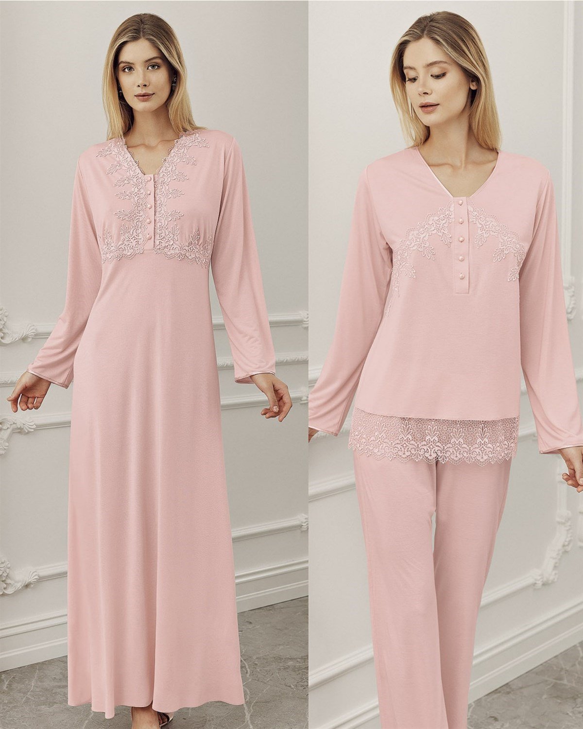 Pijama & GecelikPerin 5002 Dantelli 4'lü Uzun Gecelik Sabahlıklı Penye Lohusa Pijama Takımı Seti