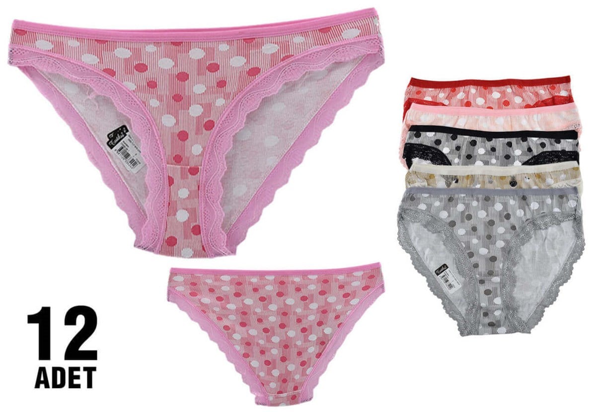 Külot, String, Tanga12'li Paket Tutku Çakıl 0530 Dantelli Puantiyeli Elastan Bayan Bikini Külot