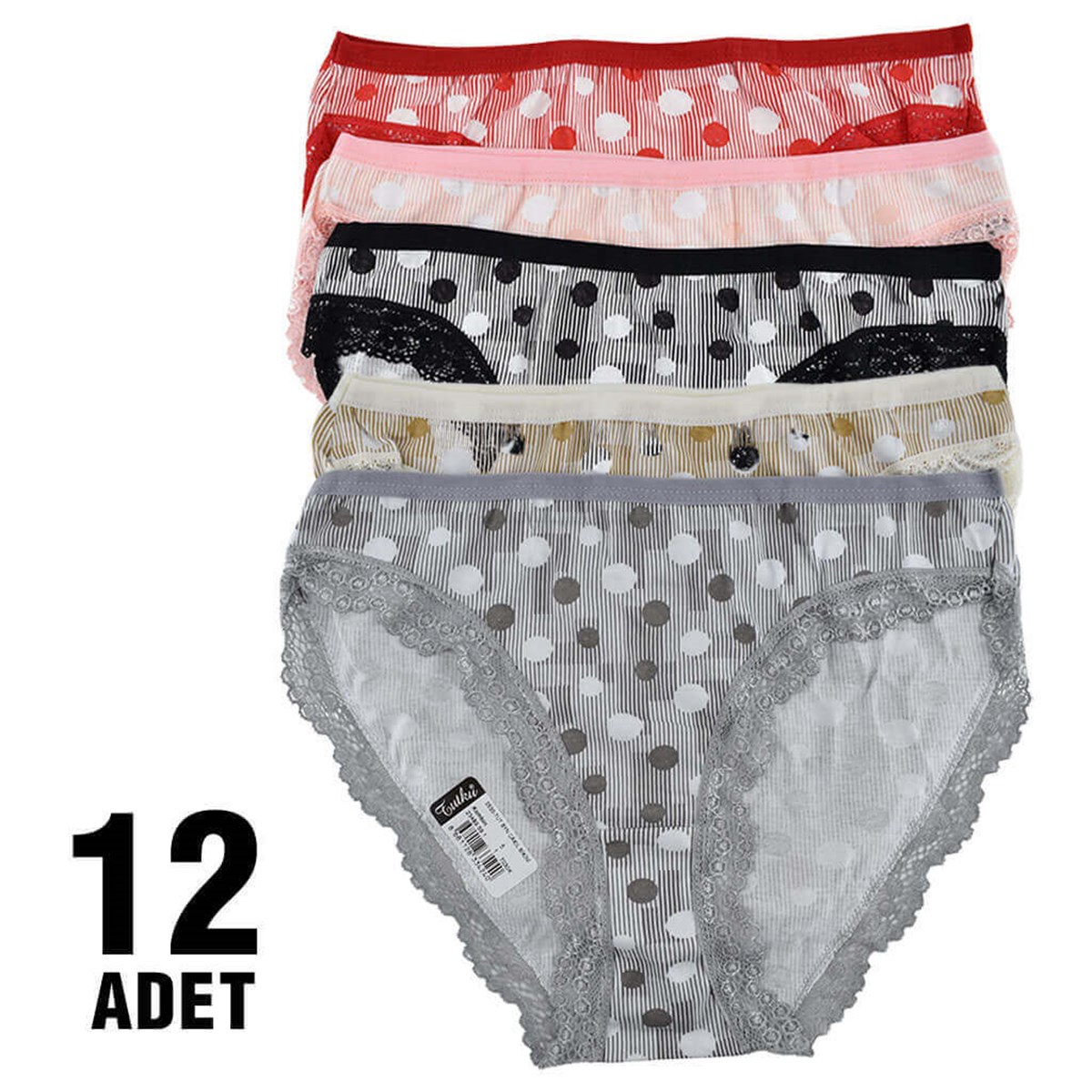 Külot, String, Tanga12'li Paket Tutku Çakıl 0530 Dantelli Puantiyeli Elastan Bayan Bikini Külot