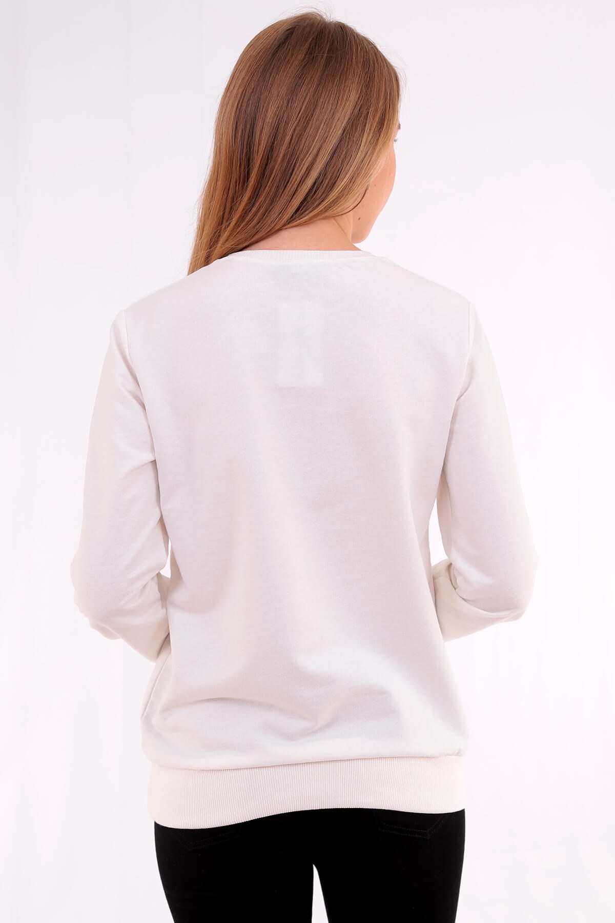 Ekru 3D Baskılı Taşlı Kadın Sweatshirt