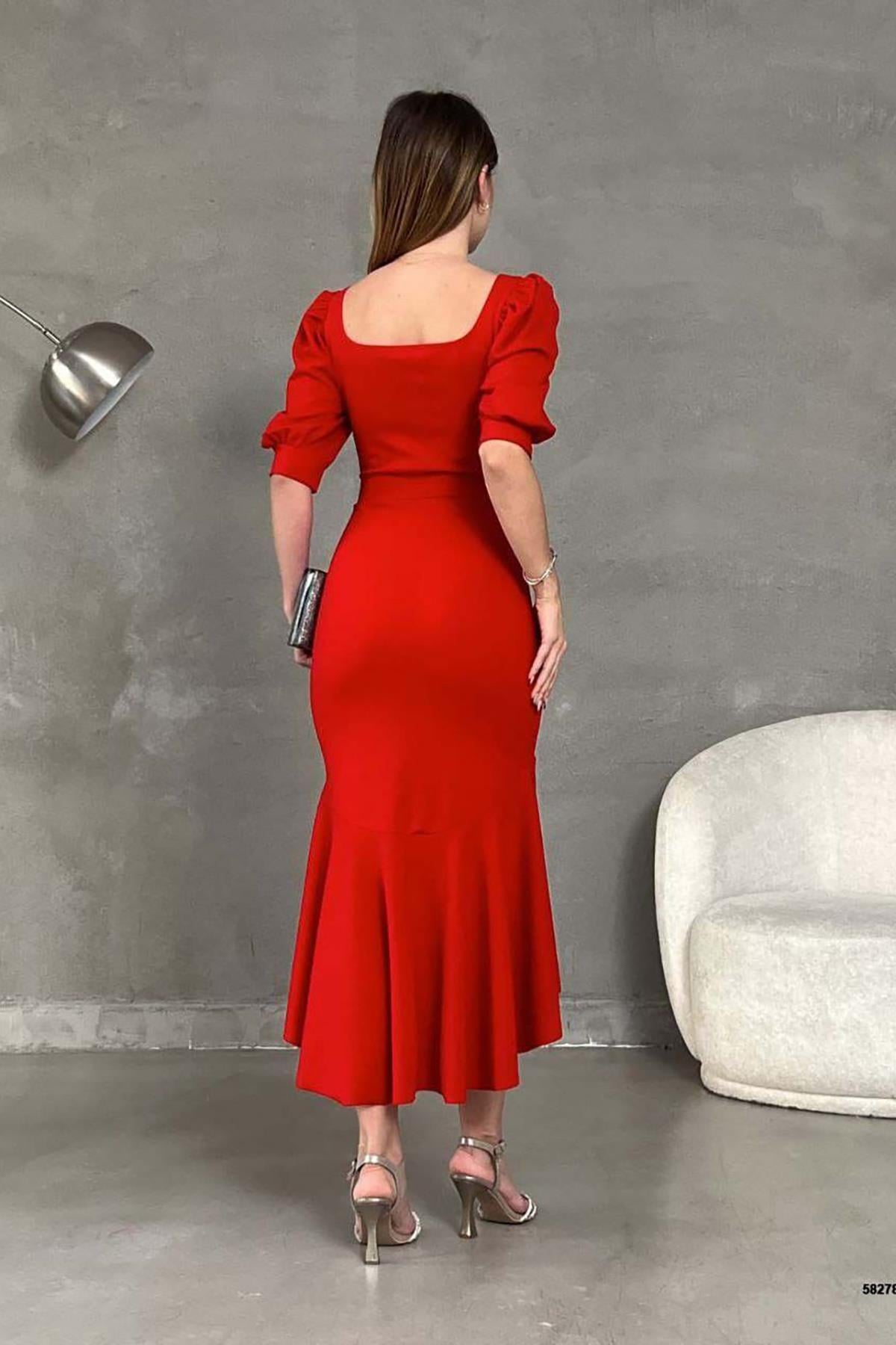Kırmızı Krep Kumaş Kare Yaka Balon Kol Balık Model Midi Boy Elbise 