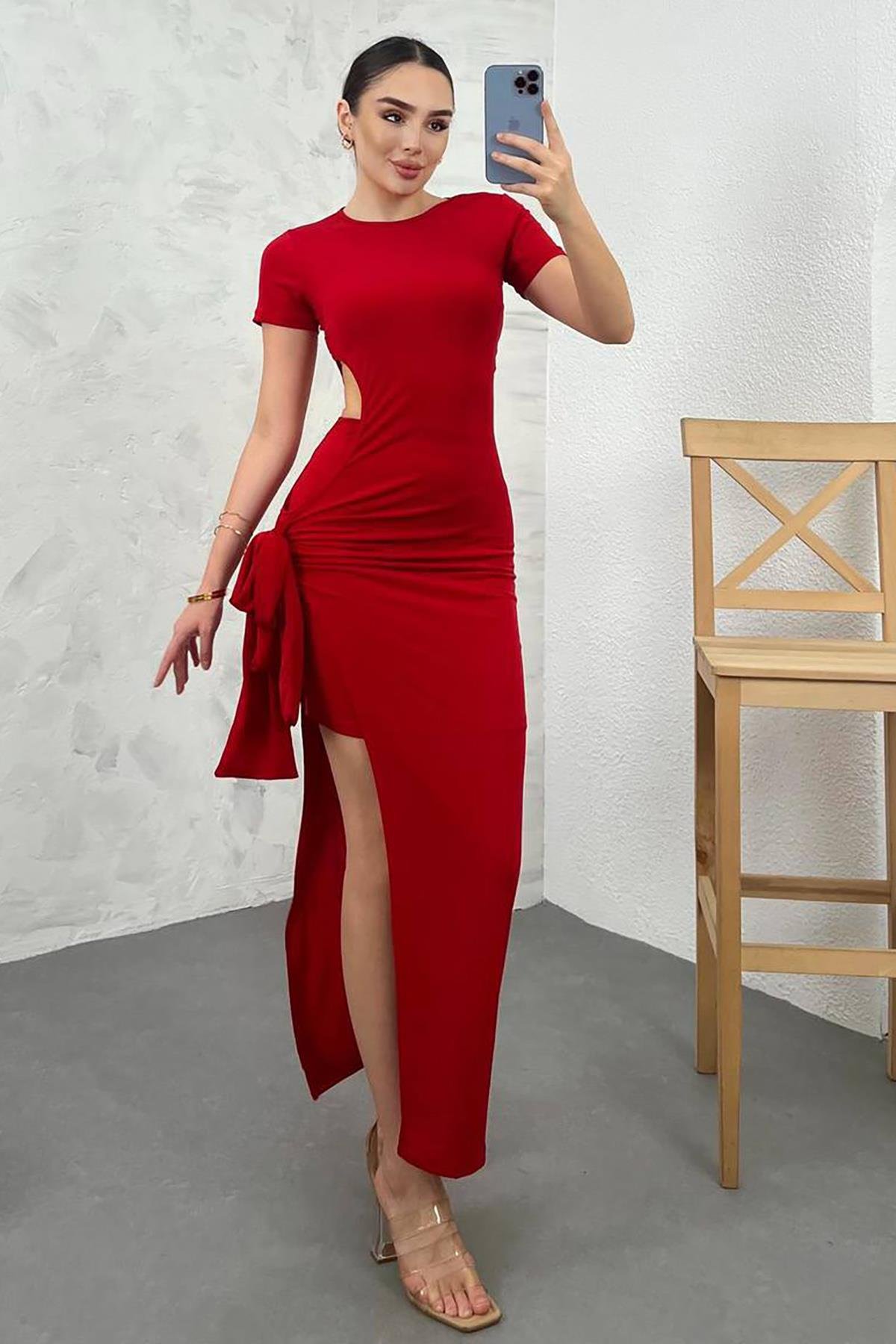 Kırmızı Sandy Kumaş İç Etekli Maxi Boy Elbise
