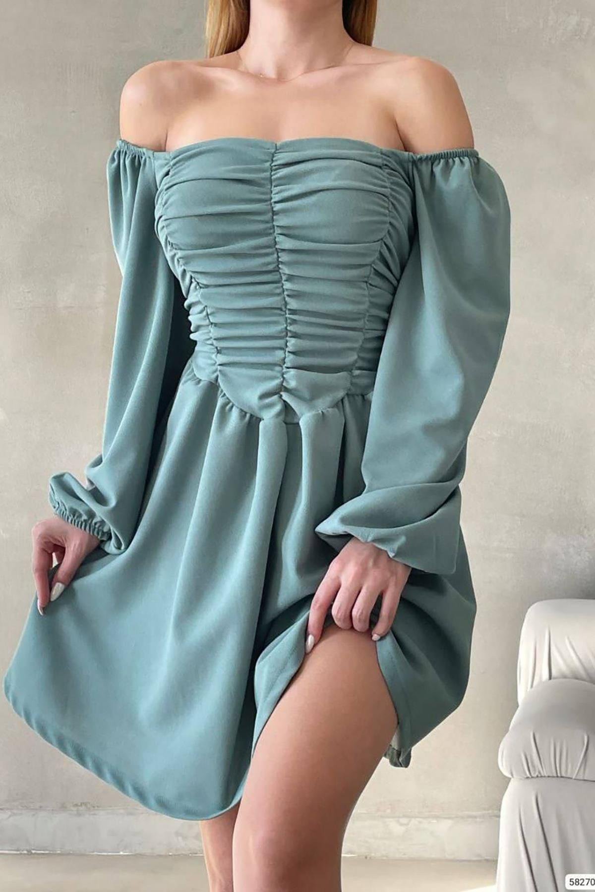 Mint Kare Yaka Drape Detay Ayarlanabilir Uzun Kol Krep Kumaş Elbise