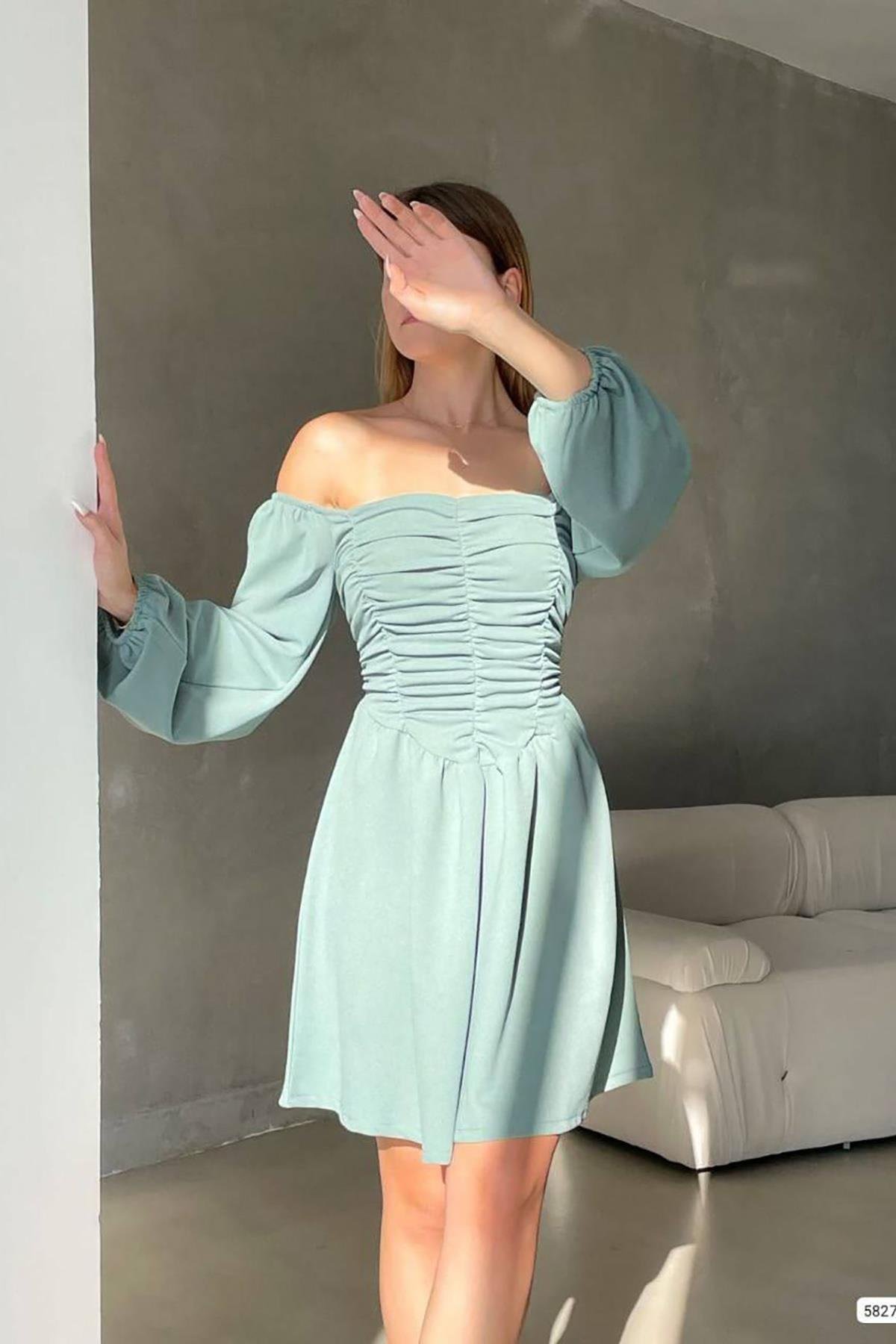 Mint Kare Yaka Drape Detay Ayarlanabilir Uzun Kol Krep Kumaş Elbise
