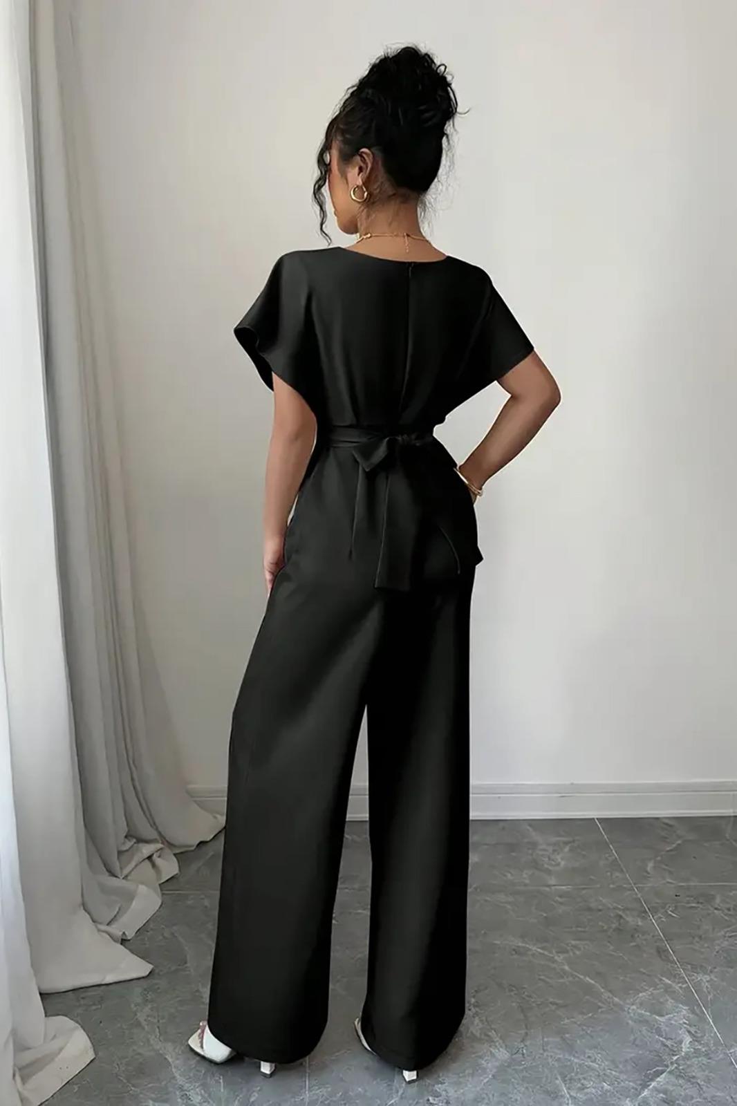 Siyah Kadın Kısa Kollu Kruvaze Yaka Kendinden Kuşaklı Tulum