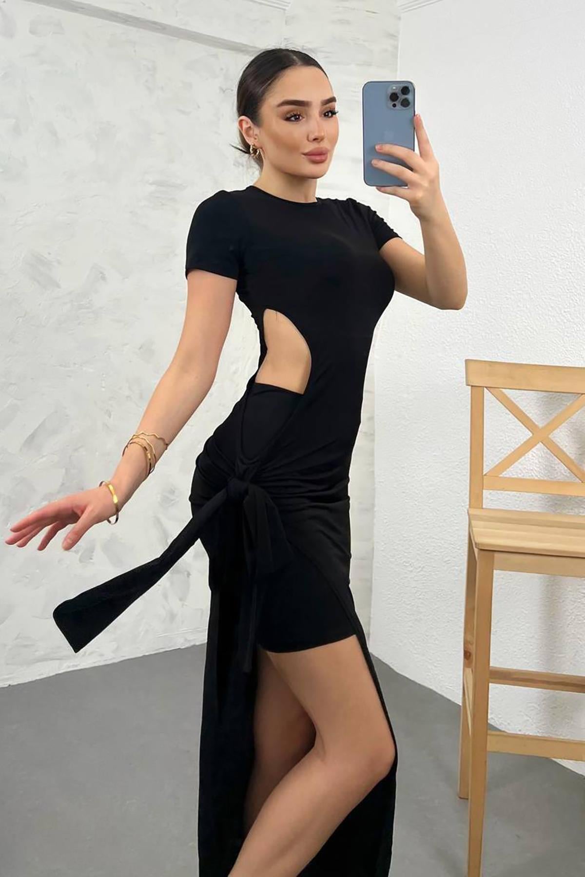 Siyah Sandy Kumaş İç Etekli Maxi Boy Elbise
