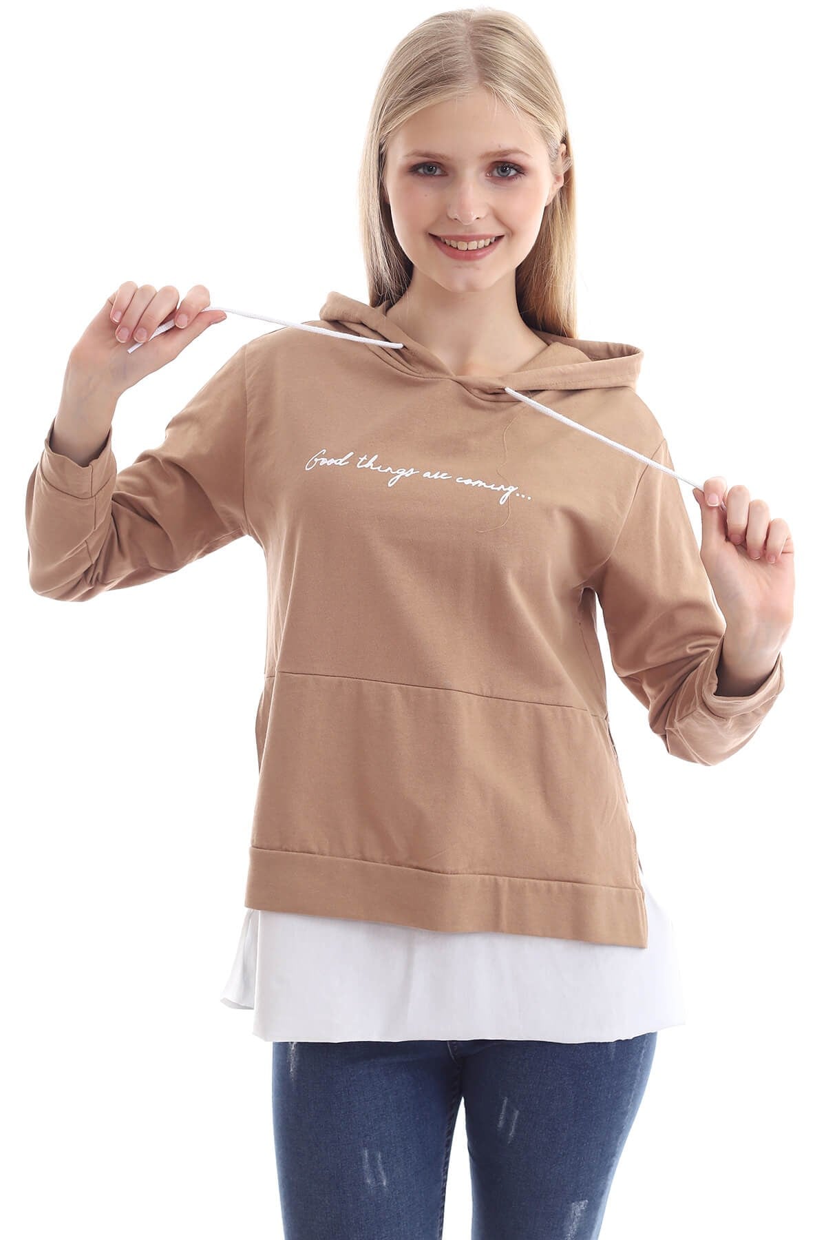 Taba Rengi Yazılı Ve Kapüşonlu Sweatshirt