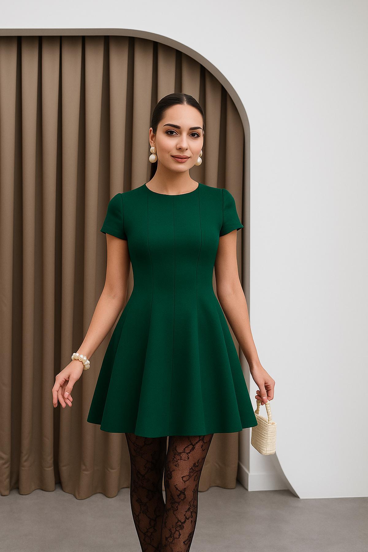 Yeşil Krep Kumaş Eteği Parçalı Mini Elbise