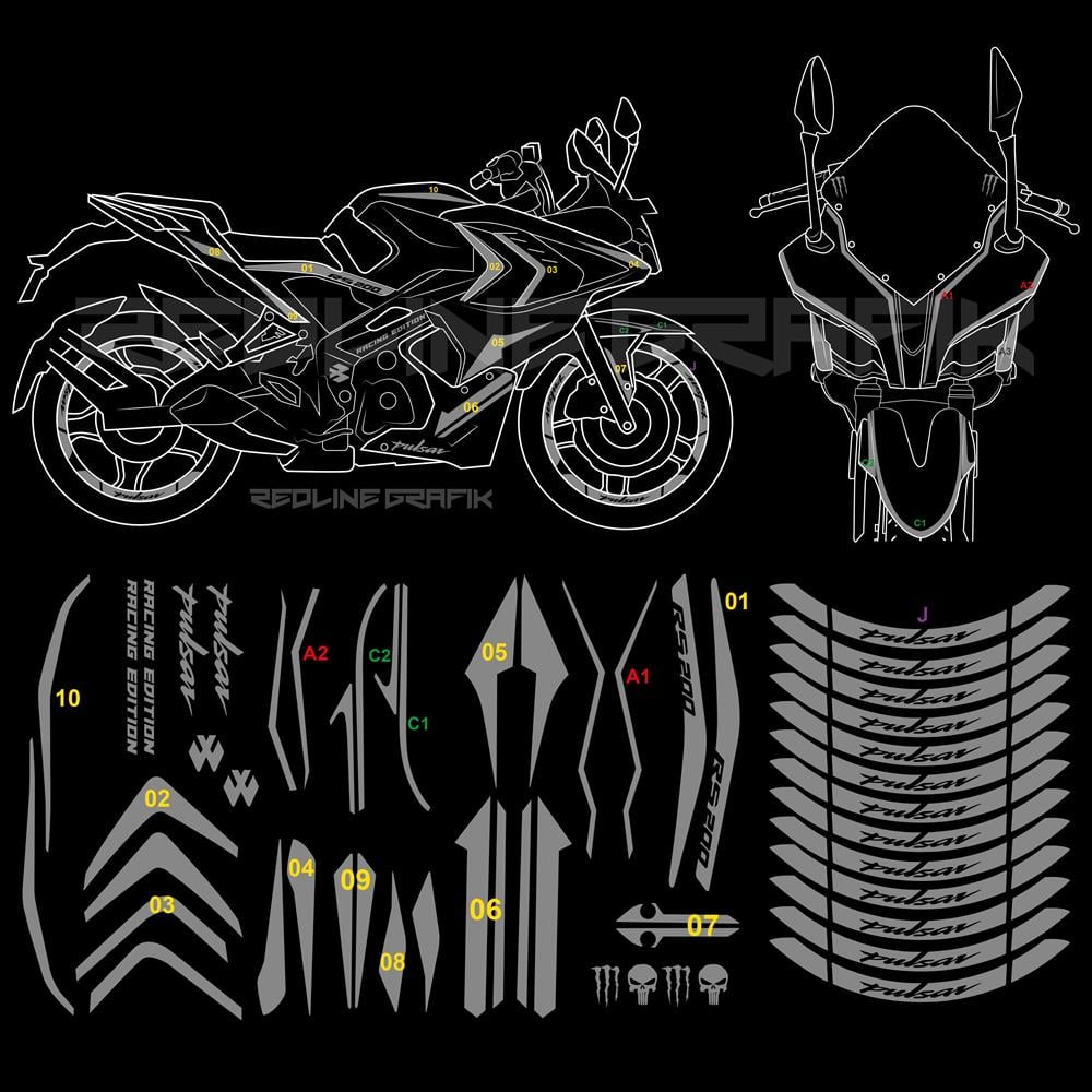Bajaj Pulsar RS 200 Full Sticker Set Custom Reflektif Gümüş Beyaz