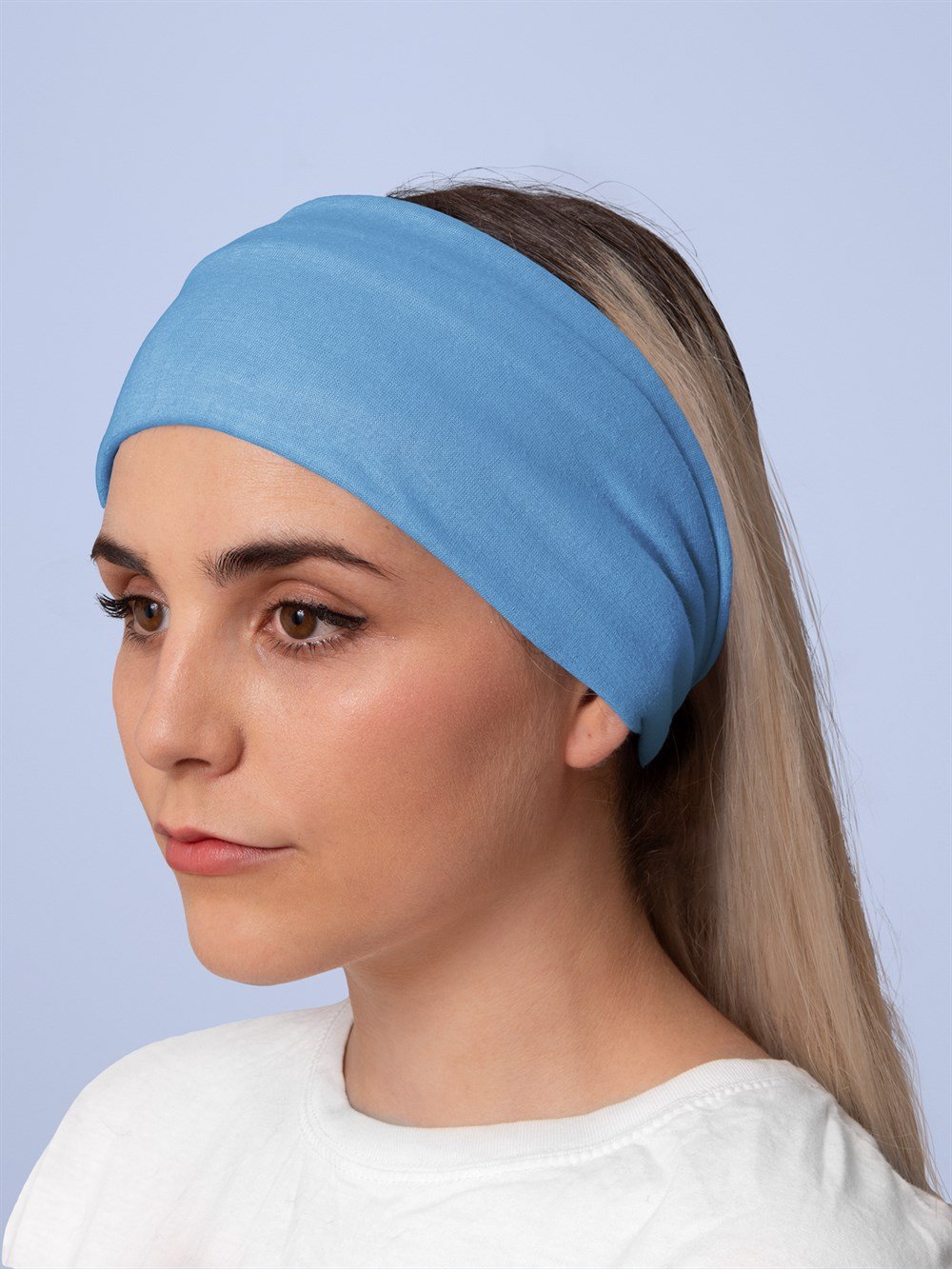 Bebe Mavisi Düz Renk Kadın Bandana Saç Bandı Toka Boyunluk