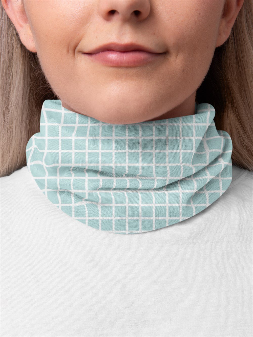 Küçük Kareli Mavi Kadın Bandana Saç Bandı Toka Boyunluk