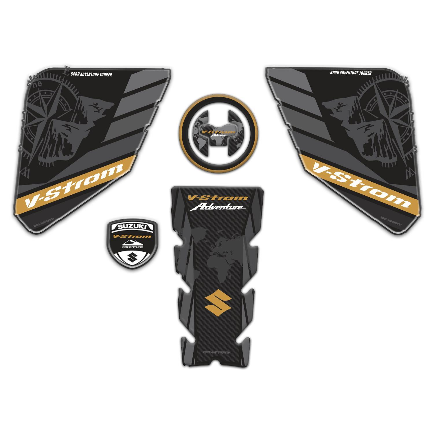 Suzukı V-Strom 650 - 650xt 2017 - 2024 Gold Siyah Uyumlu Tank Pad Set Redlinegrafik