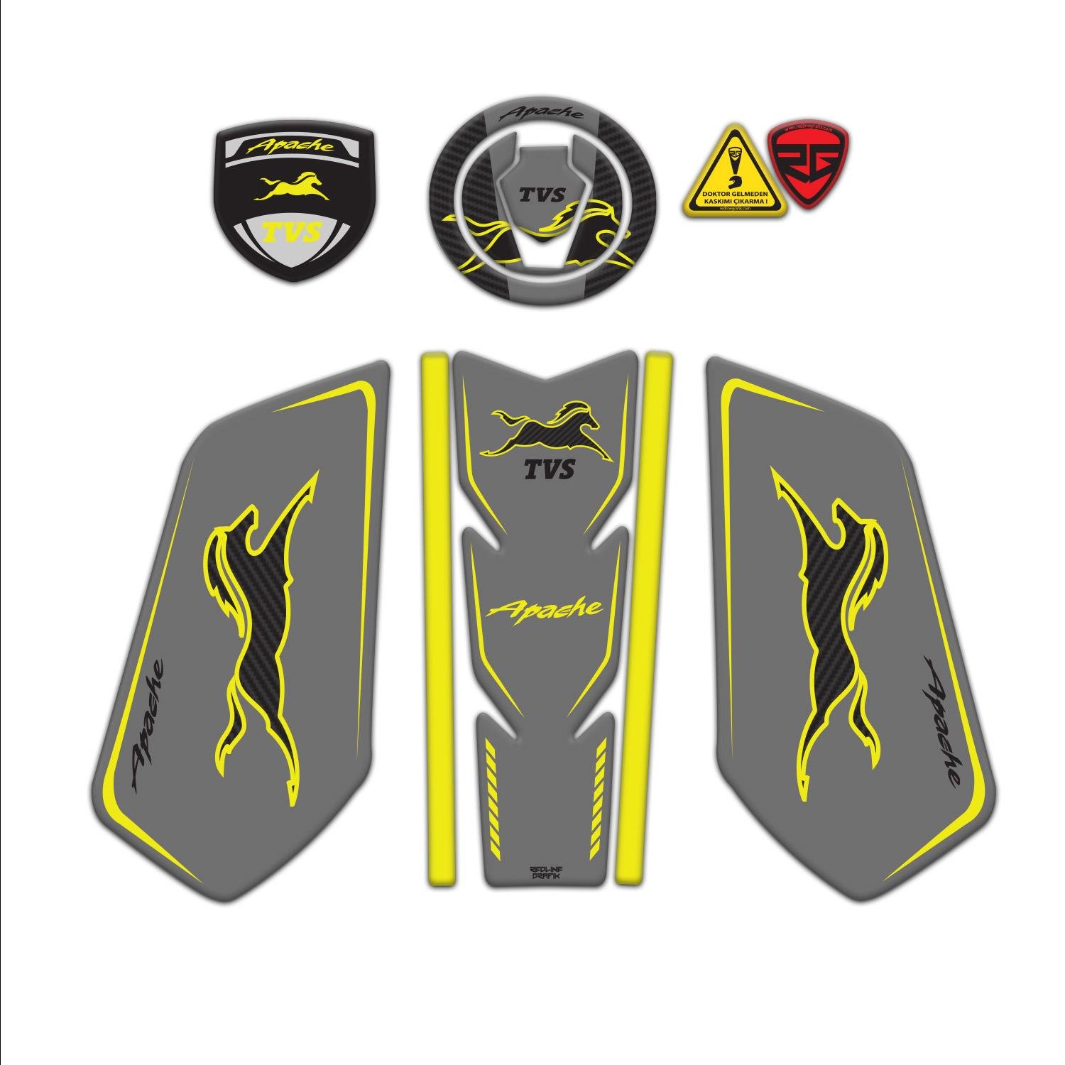 TVS Apache Uyumlu Tank Pad Seti Gri Sarı Redlinegrafik