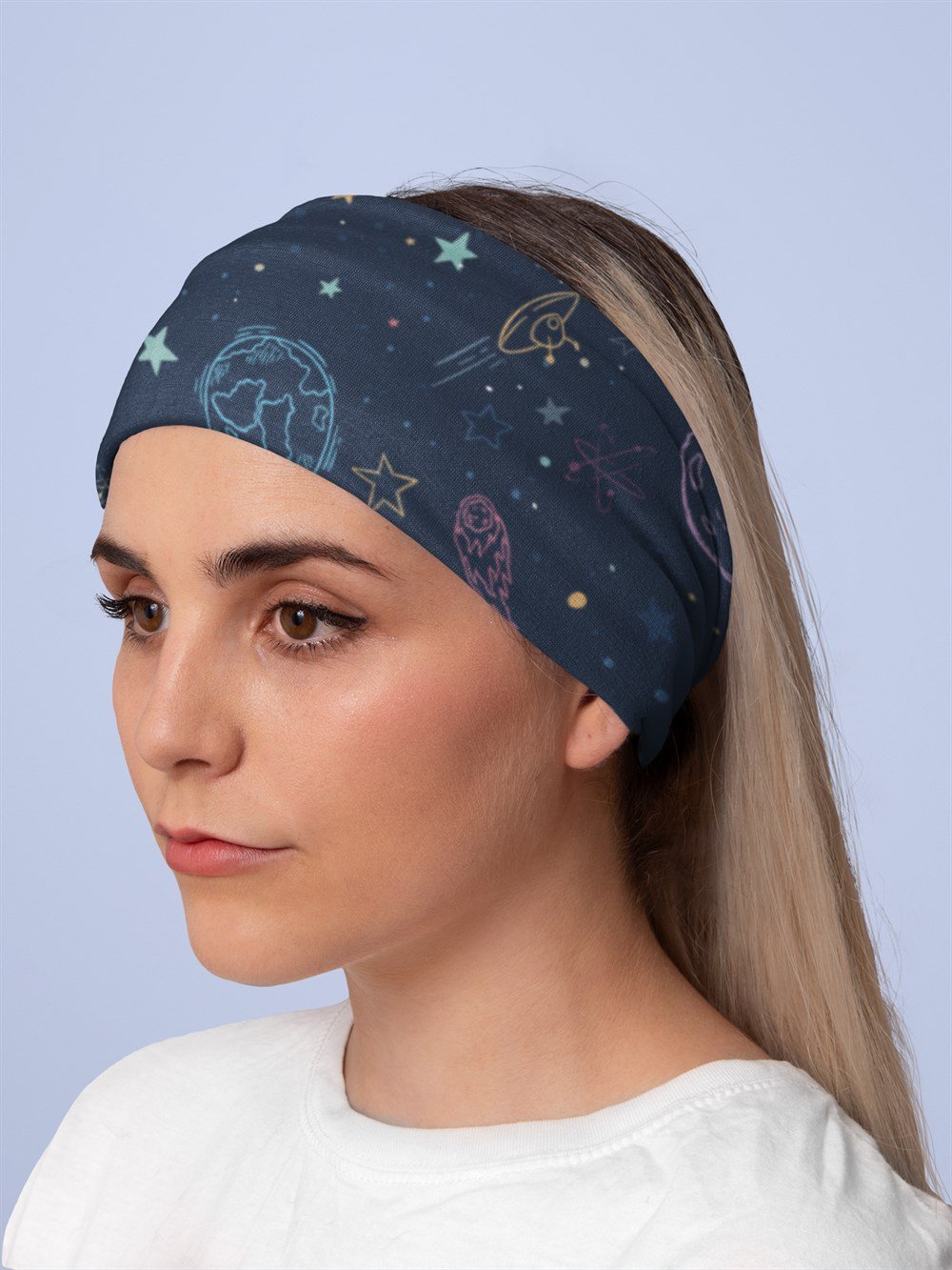 Uzay Desenli Kadın Bandana Saç Bandı Toka Boyunluk